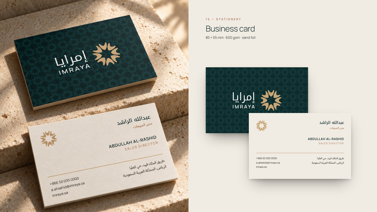 IMRAYA business cards with sand foil next to the print artwork