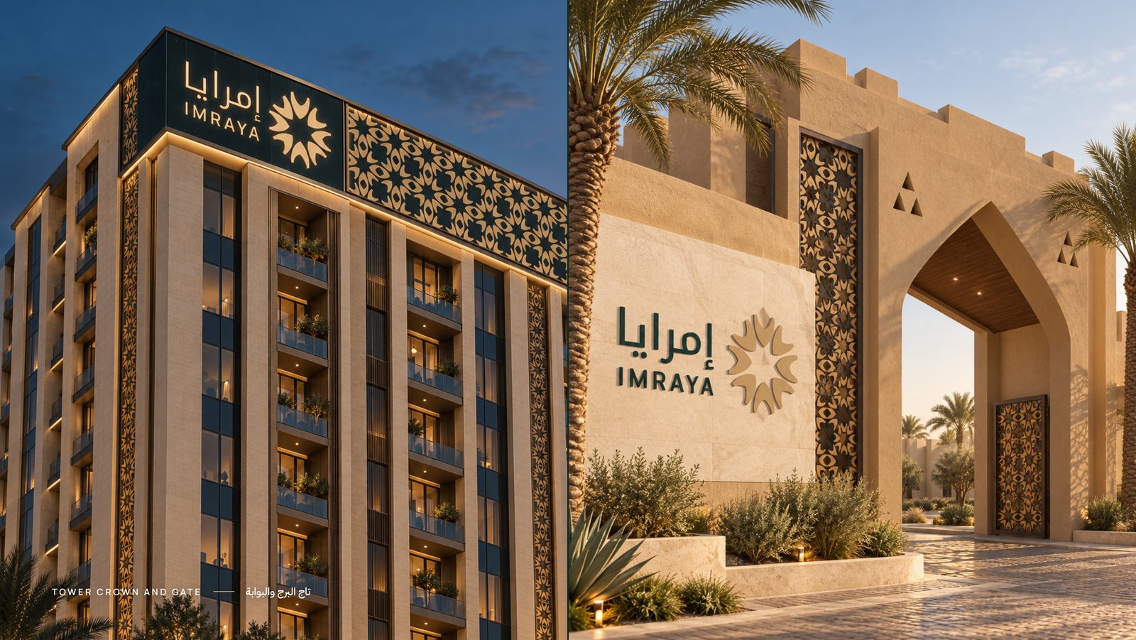 IMRAYA logo on a residential tower crown and community gate