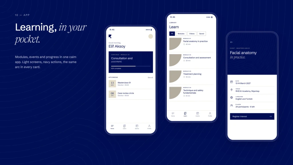 The learning app: modules, events and progress.
