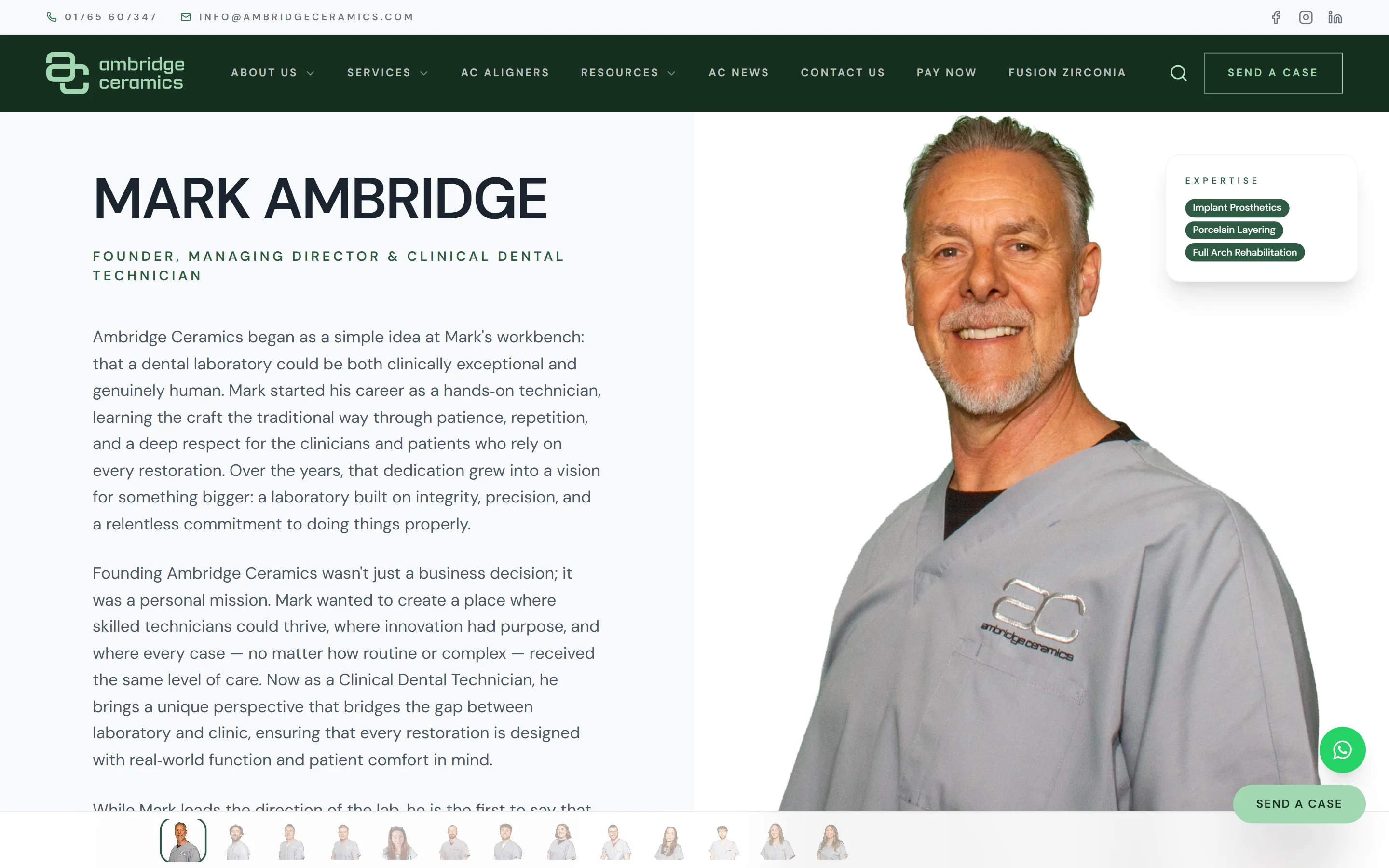 About page of the Ambridge Ceramics website introducing founder and clinical dental technician Mark Ambridge