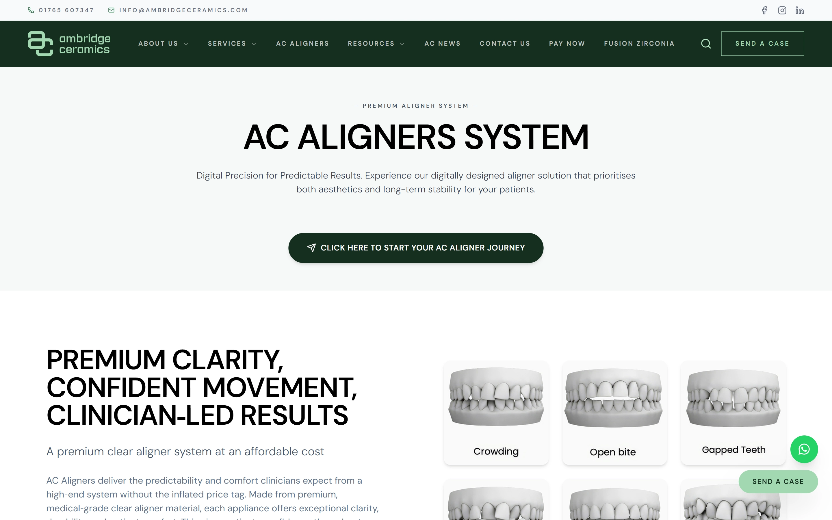 AC Aligners System page of the Ambridge Ceramics website with a call-to-action button and clear aligner case examples