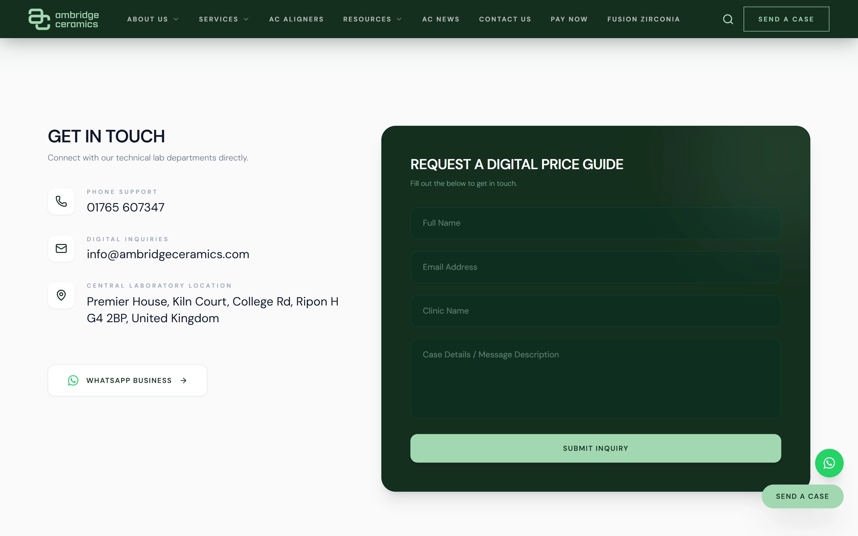 Send a Case contact page of the Ambridge Ceramics website with contact details and a request-a-price-guide form