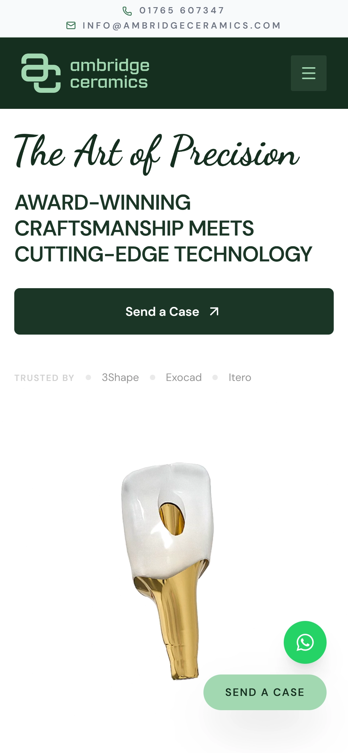 Mobile view of the Ambridge Ceramics website homepage with the headline “The Art of Precision” and a Send a Case button
