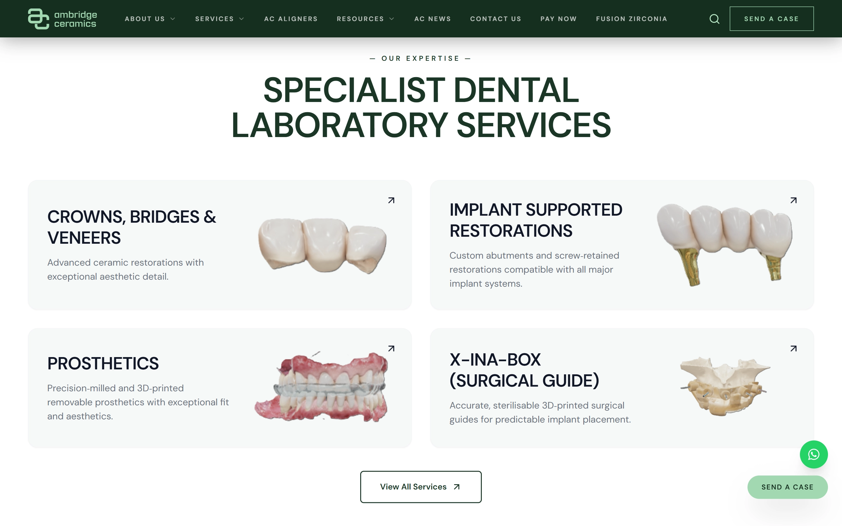 Services section of the Ambridge Ceramics homepage showing crown and bridge, implant, prosthetics and surgical guide cards