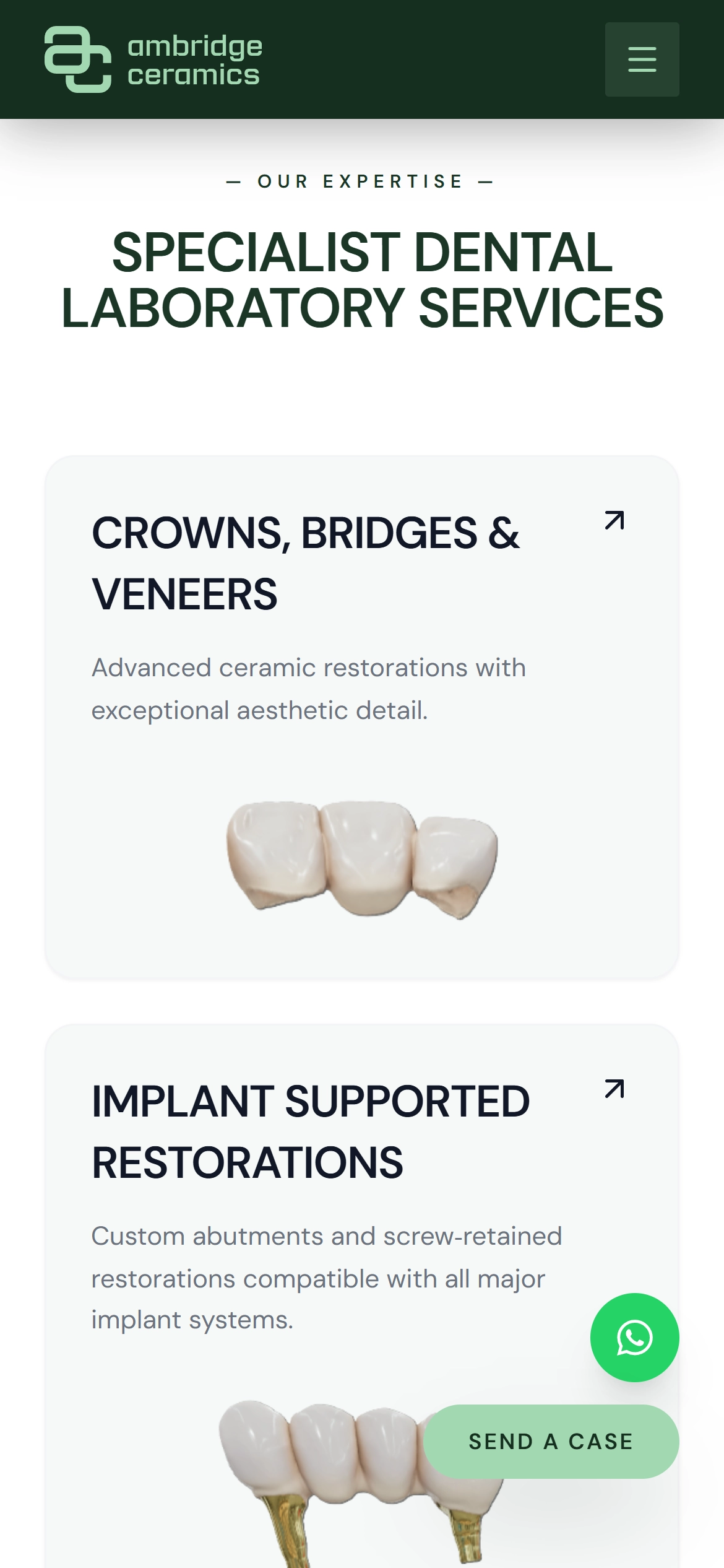 Mobile view of the services section on the Ambridge Ceramics website showing crowns, bridges and veneers and implant supported restorations