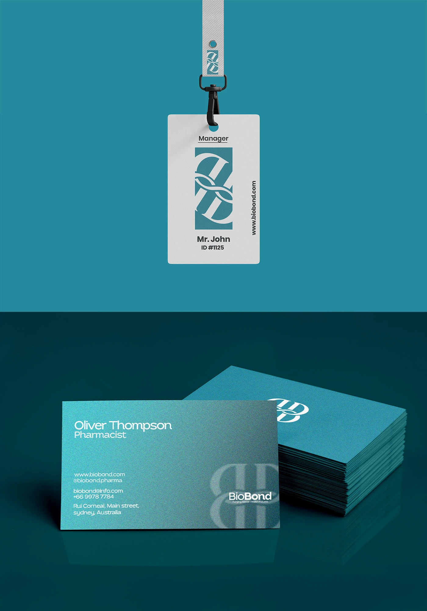BioBond lanyard ID badge and business cards in teal