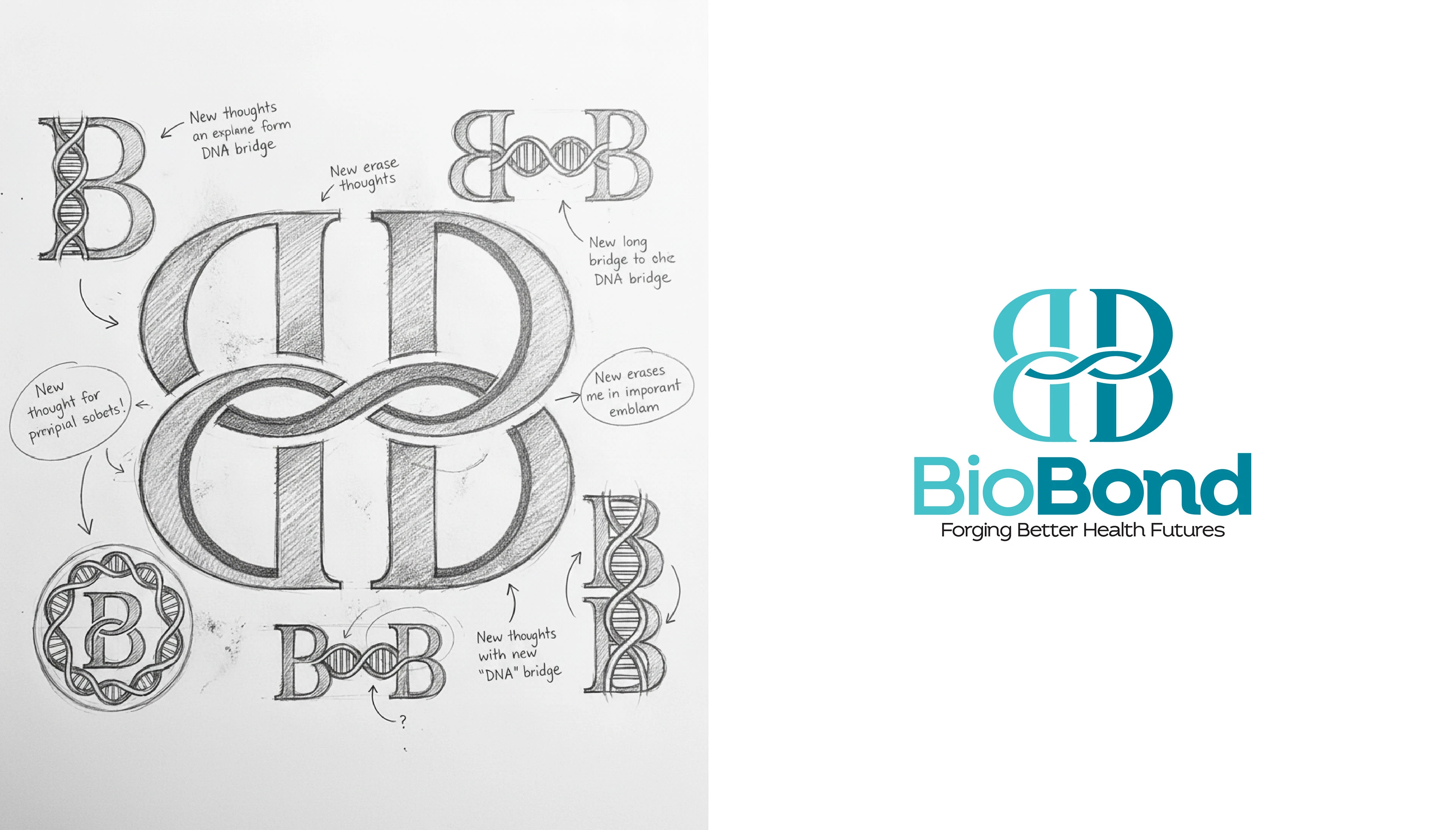 Hand-drawn BioBond logo sketches beside the finished teal logo with the tagline Forging Better Health Futures