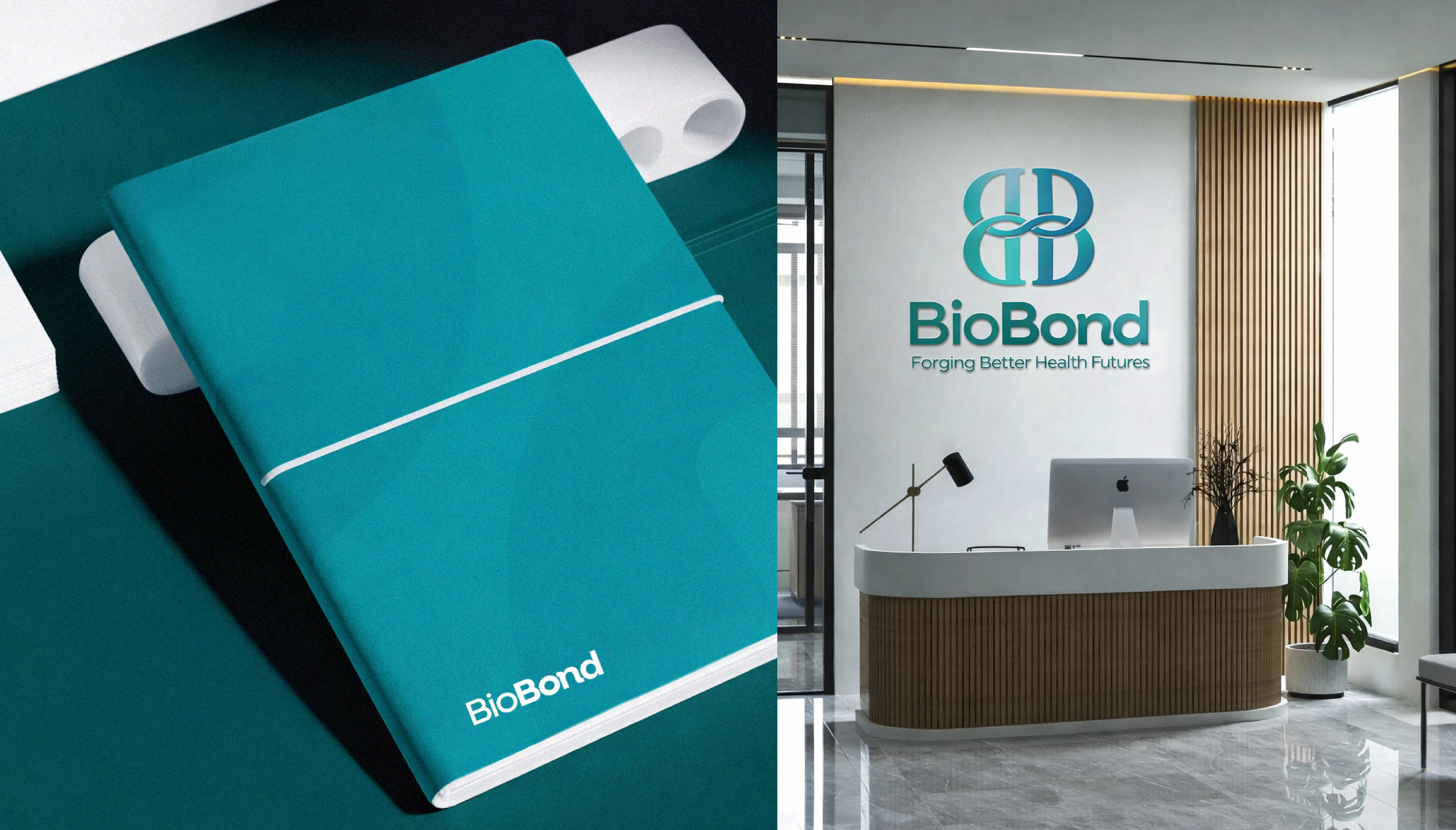 BioBond teal notebook beside a reception desk with the logo on the wall