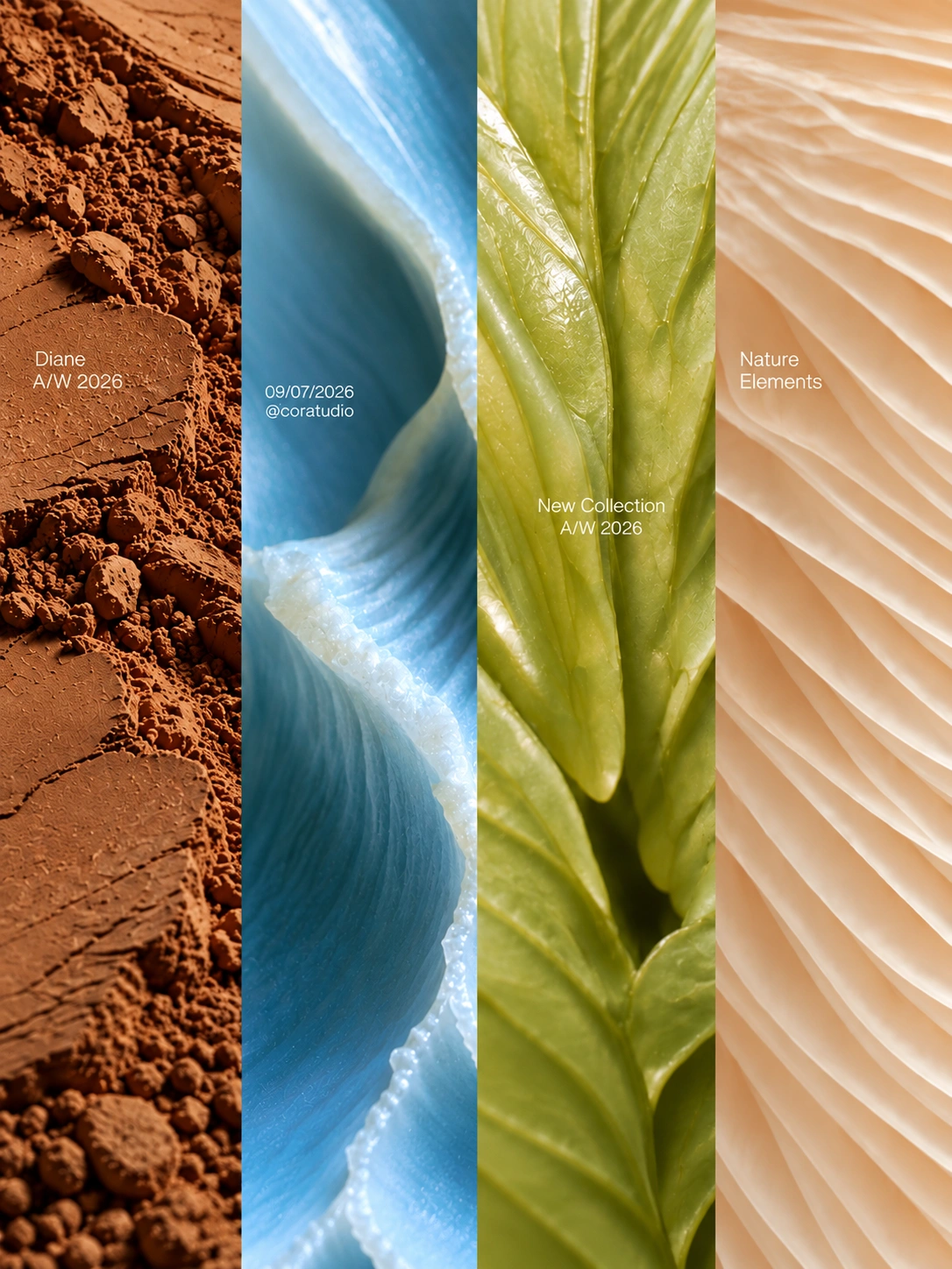 Four vertical strips of natural texture, earth, wave, leaf and shell, as a colour inspiration board