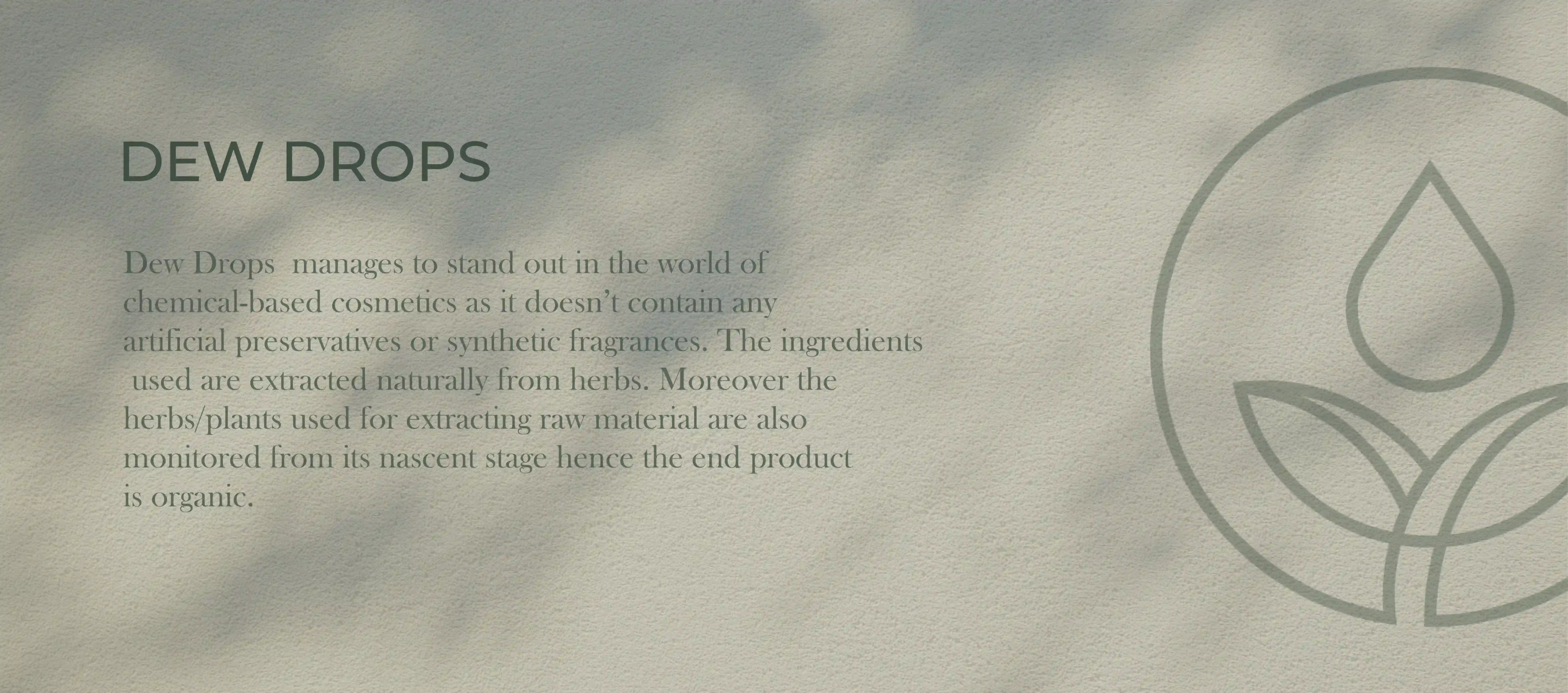 Dew Drops brand description text beside a faint line version of the logo