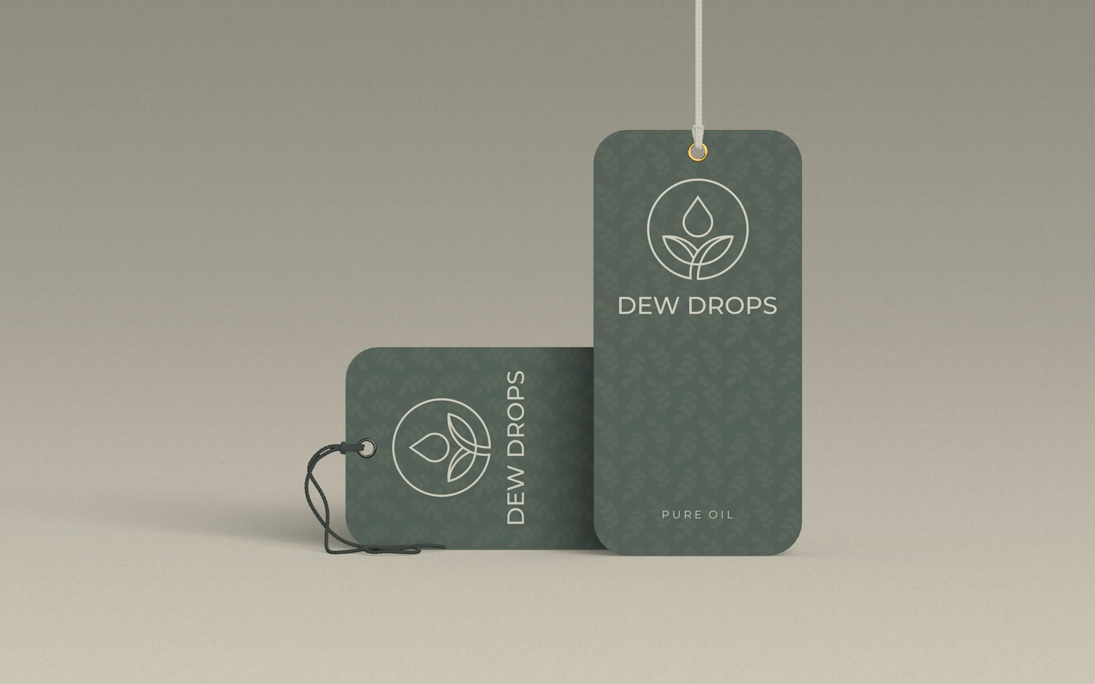 Dew Drops hang tags in green and cream with a leaf pattern