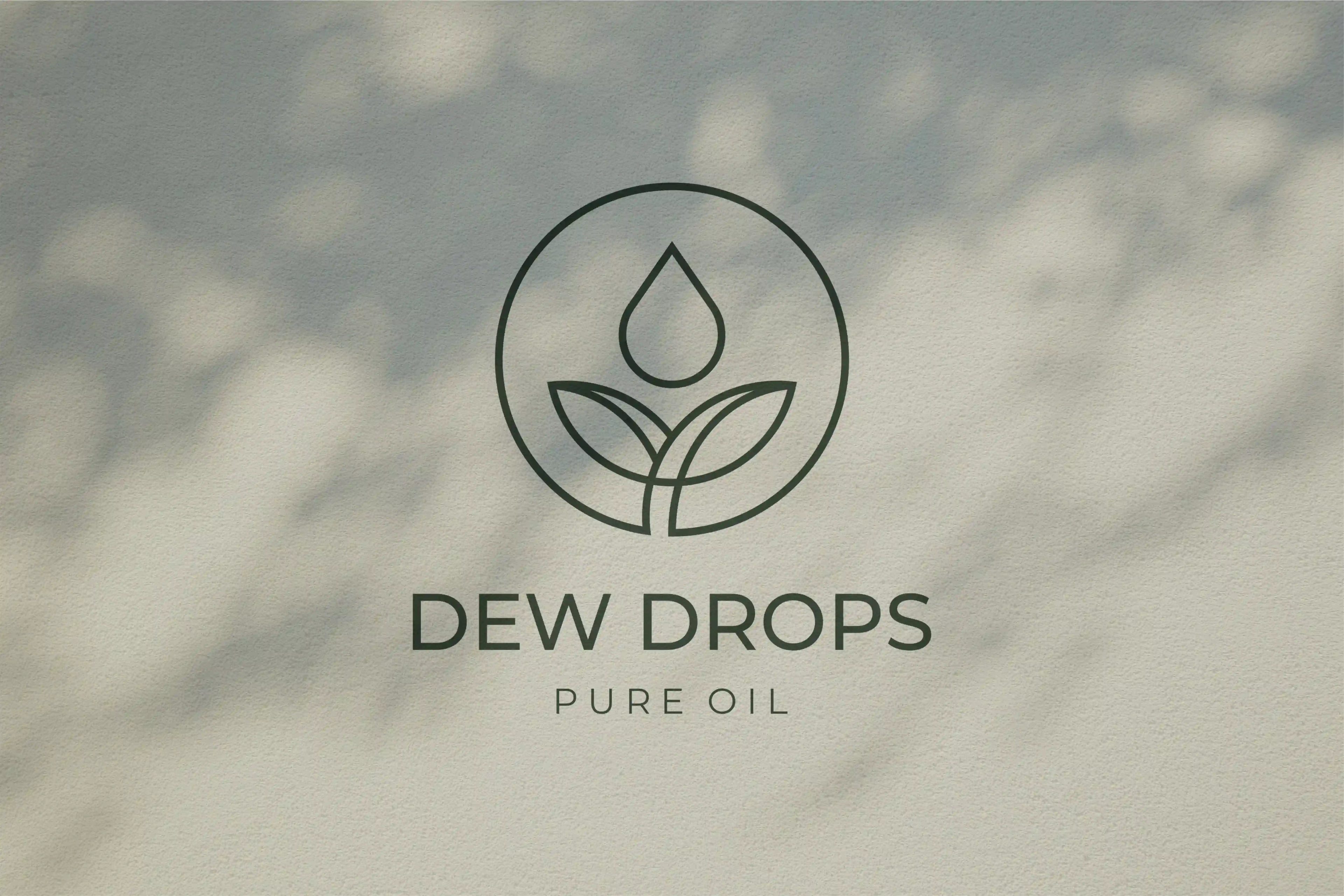 Dew Drops Pure Oil primary logo on a soft sky-toned background