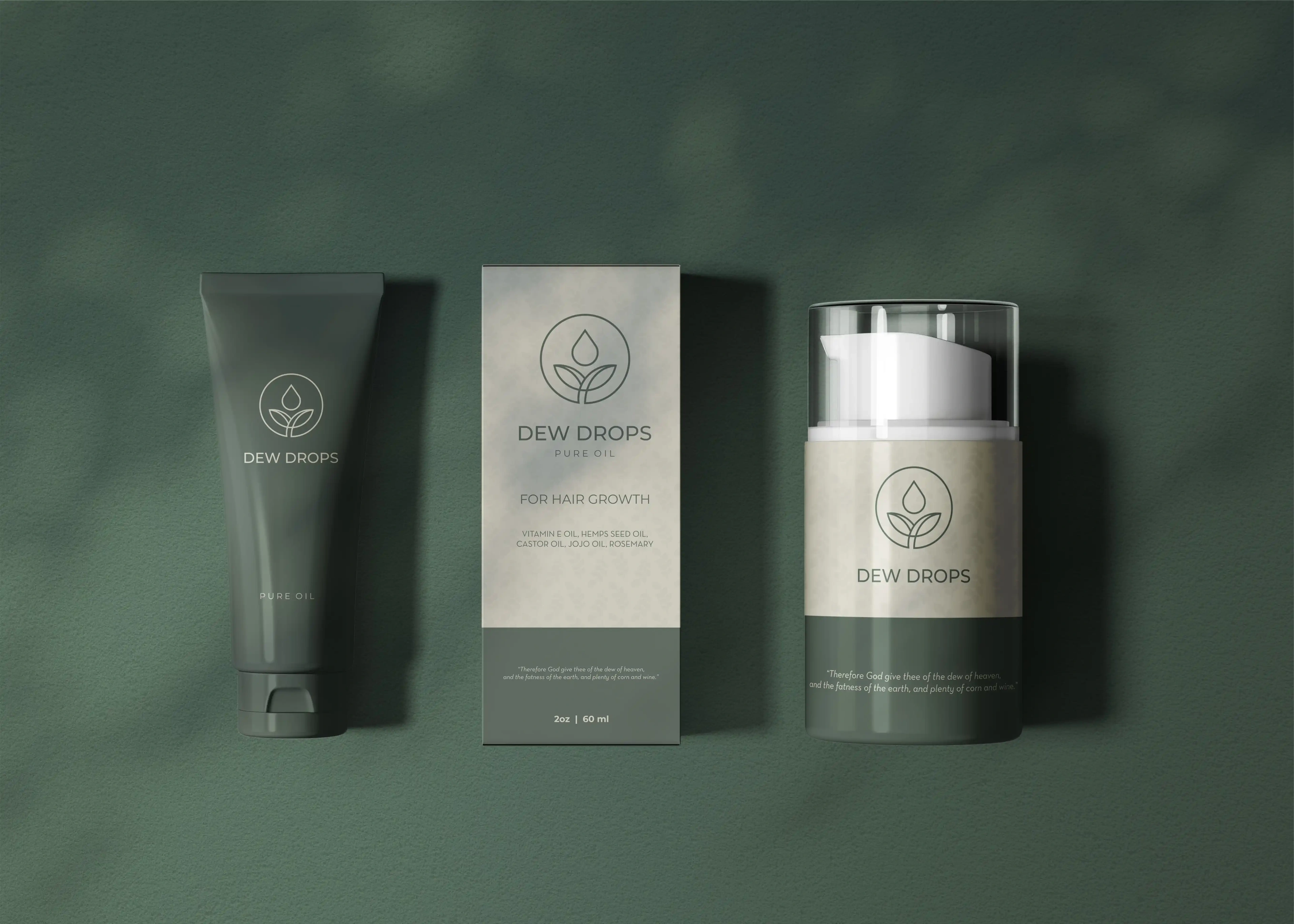 Dew Drops tube, carton and jar packaging on green