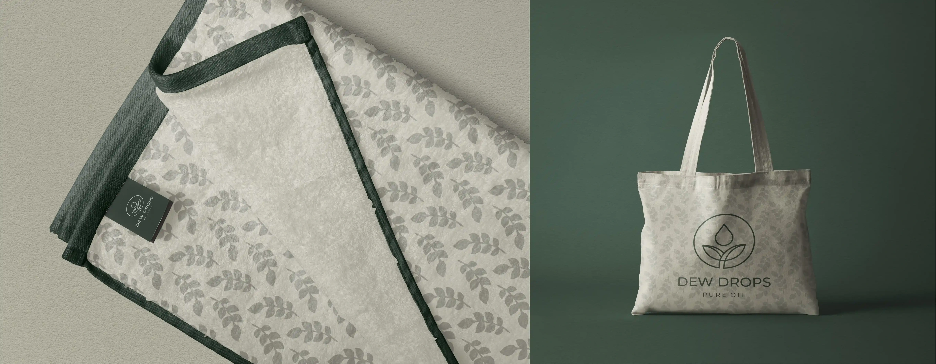 Dew Drops leaf-pattern fabric beside a tote bag with the logo