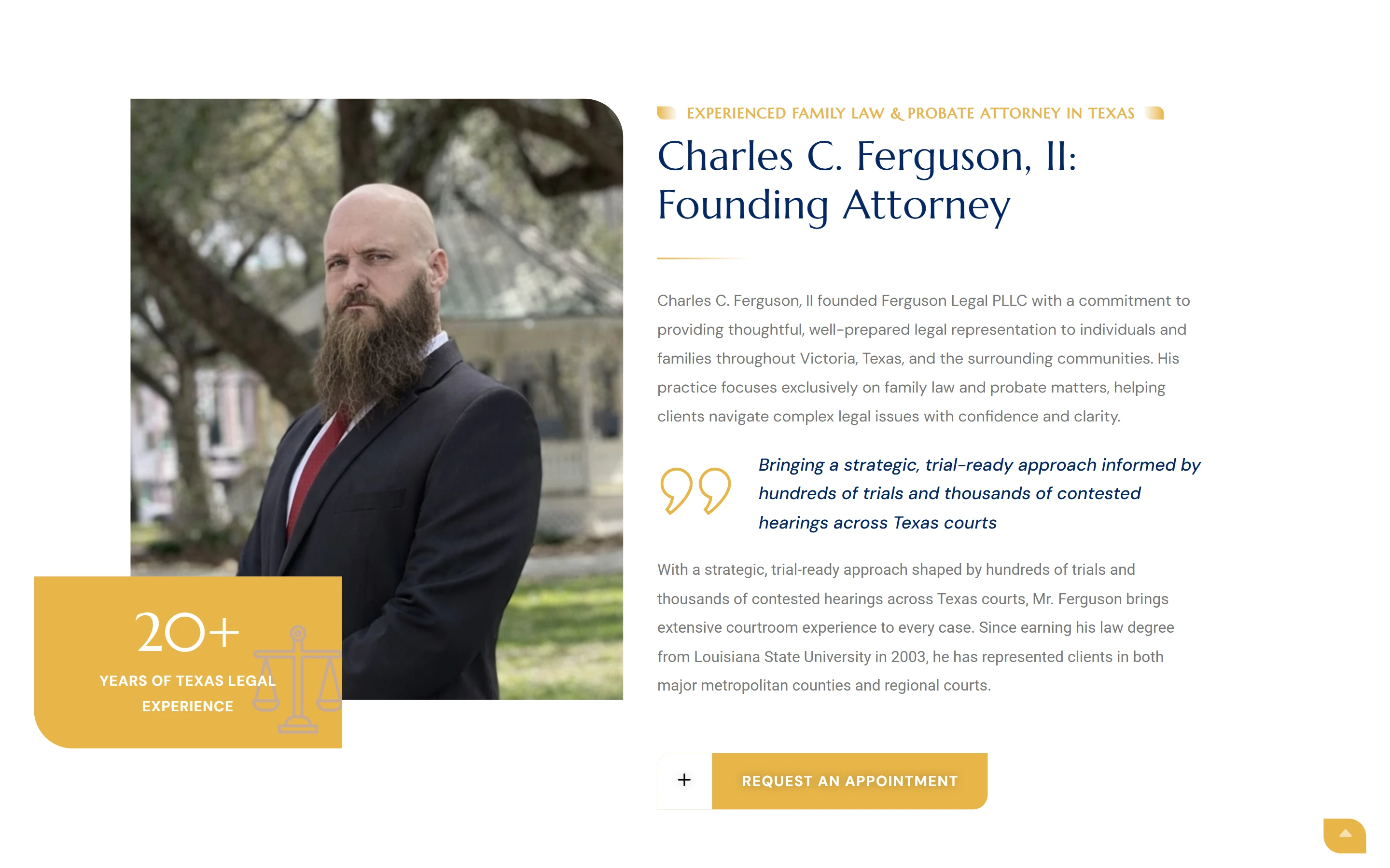 Ferguson Legal about page introducing founding attorney Charles C. Ferguson, II, with a portrait and 20+ years of Texas legal experience