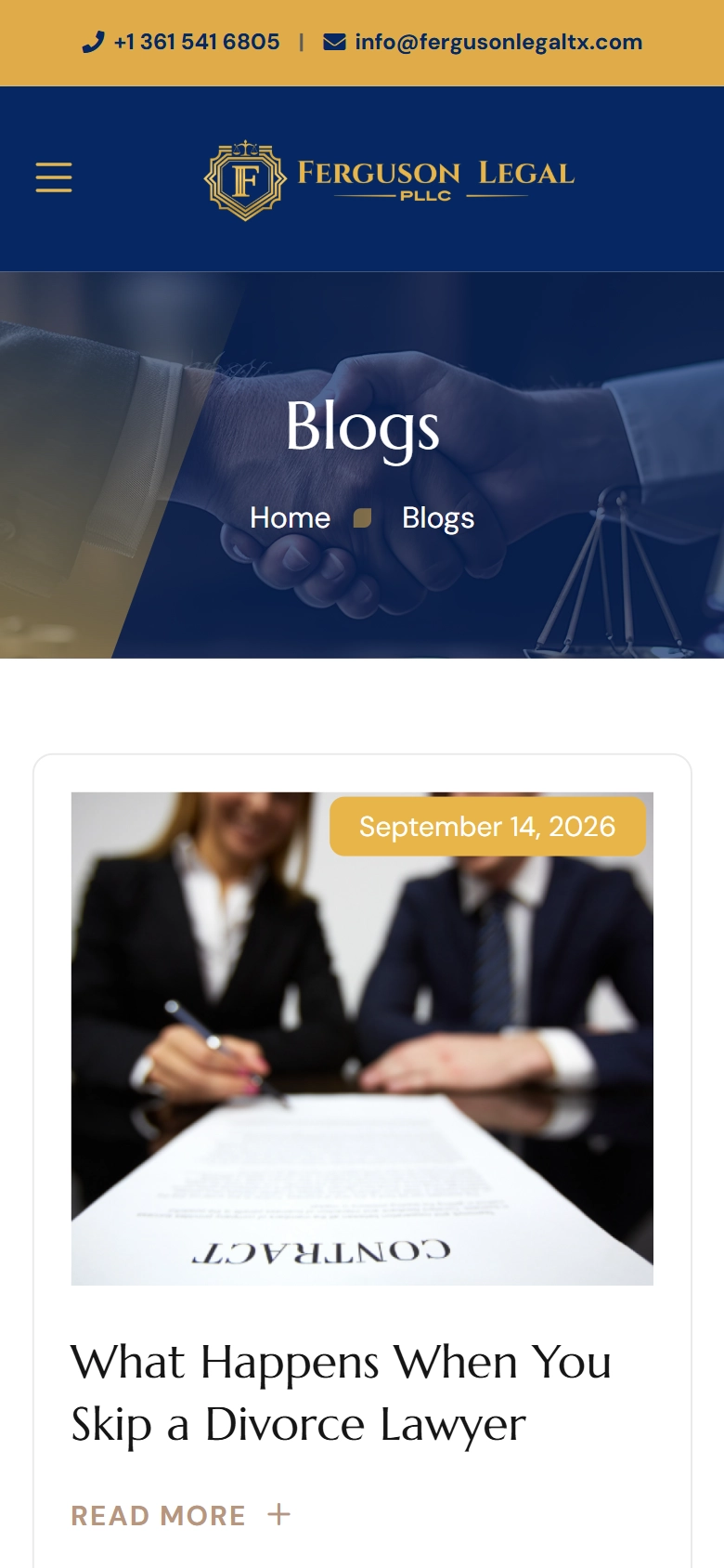 Mobile view of the Ferguson Legal blog page with an article card
