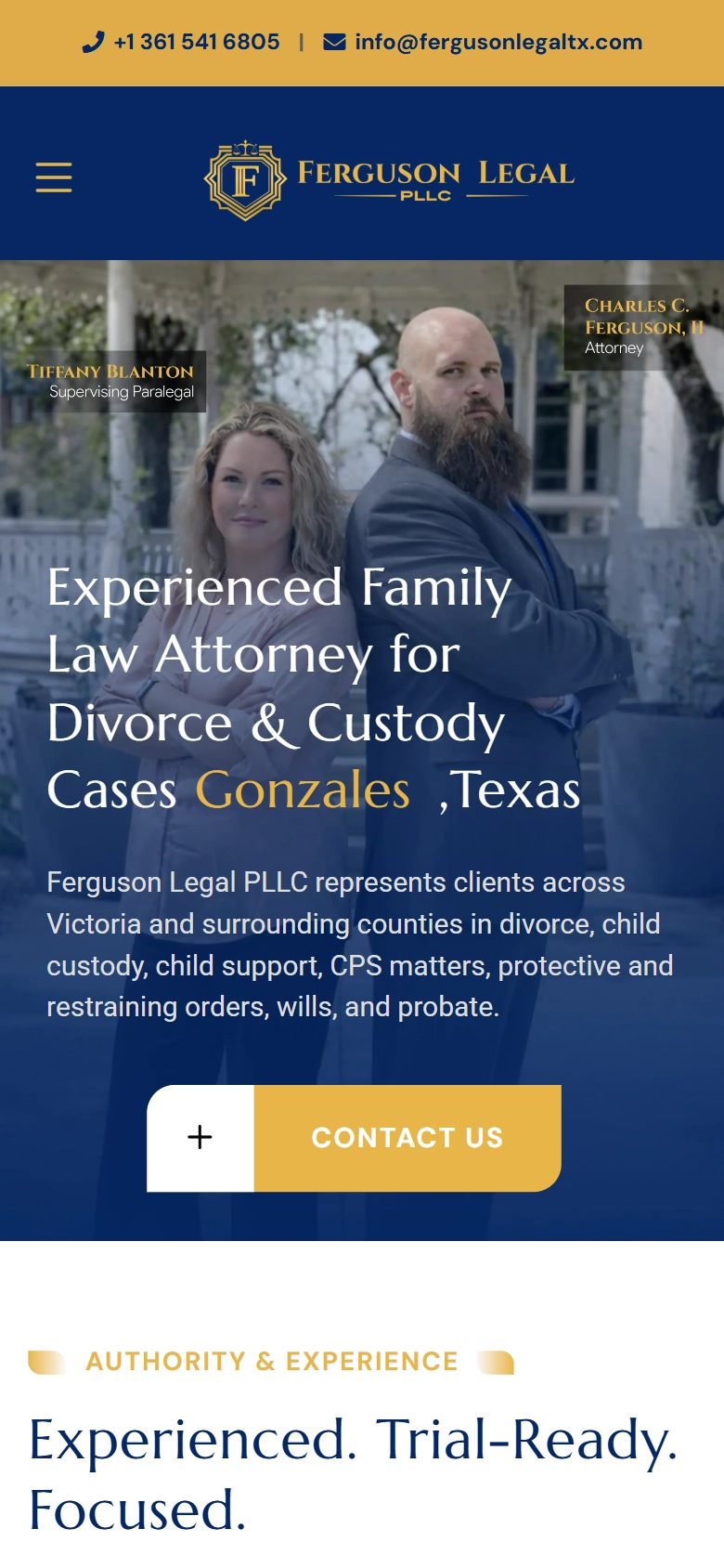 Mobile view of the Ferguson Legal homepage with the family law headline and a Contact Us button