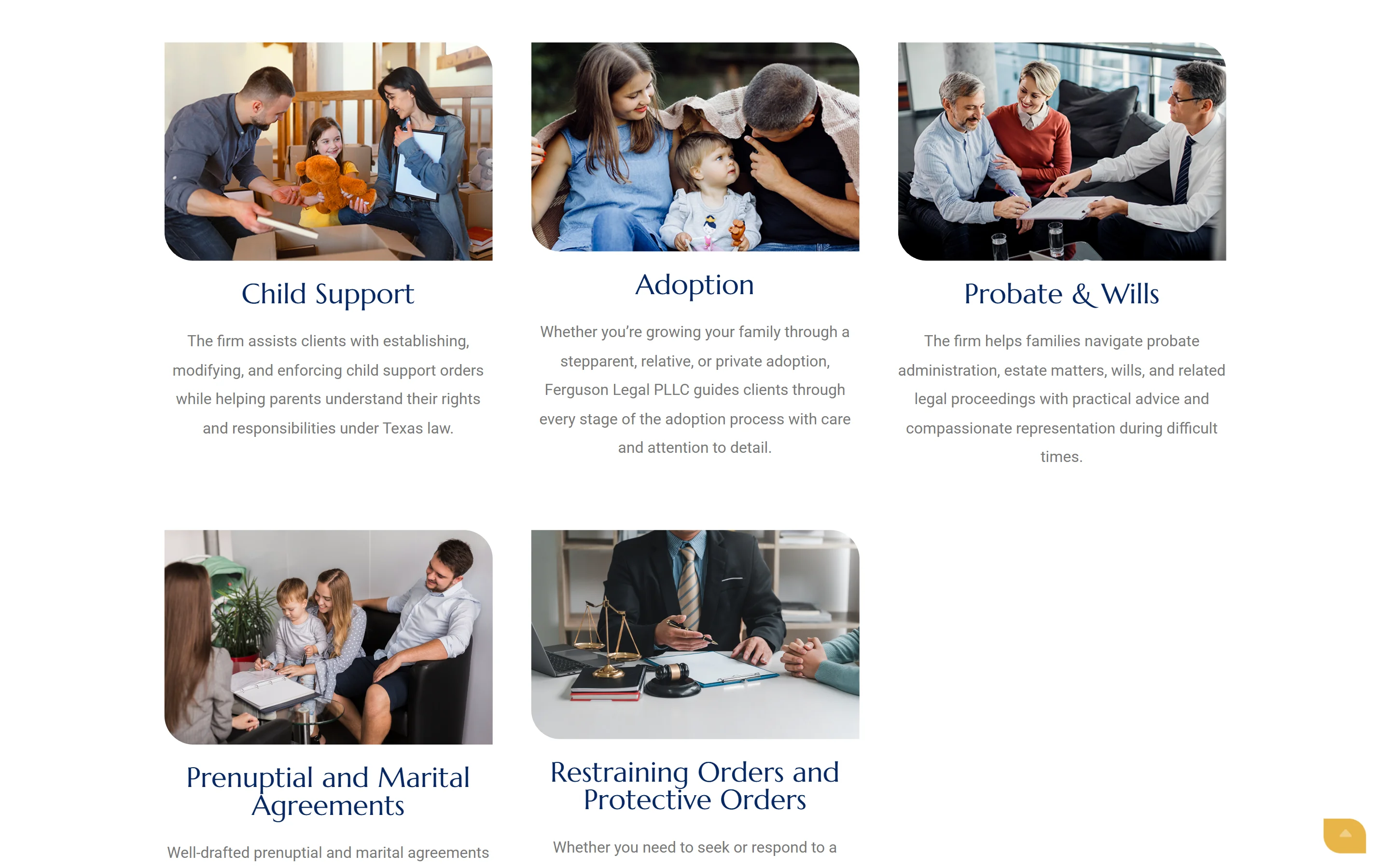 Ferguson Legal practice areas page with child support, adoption, probate and wills, and marital agreements