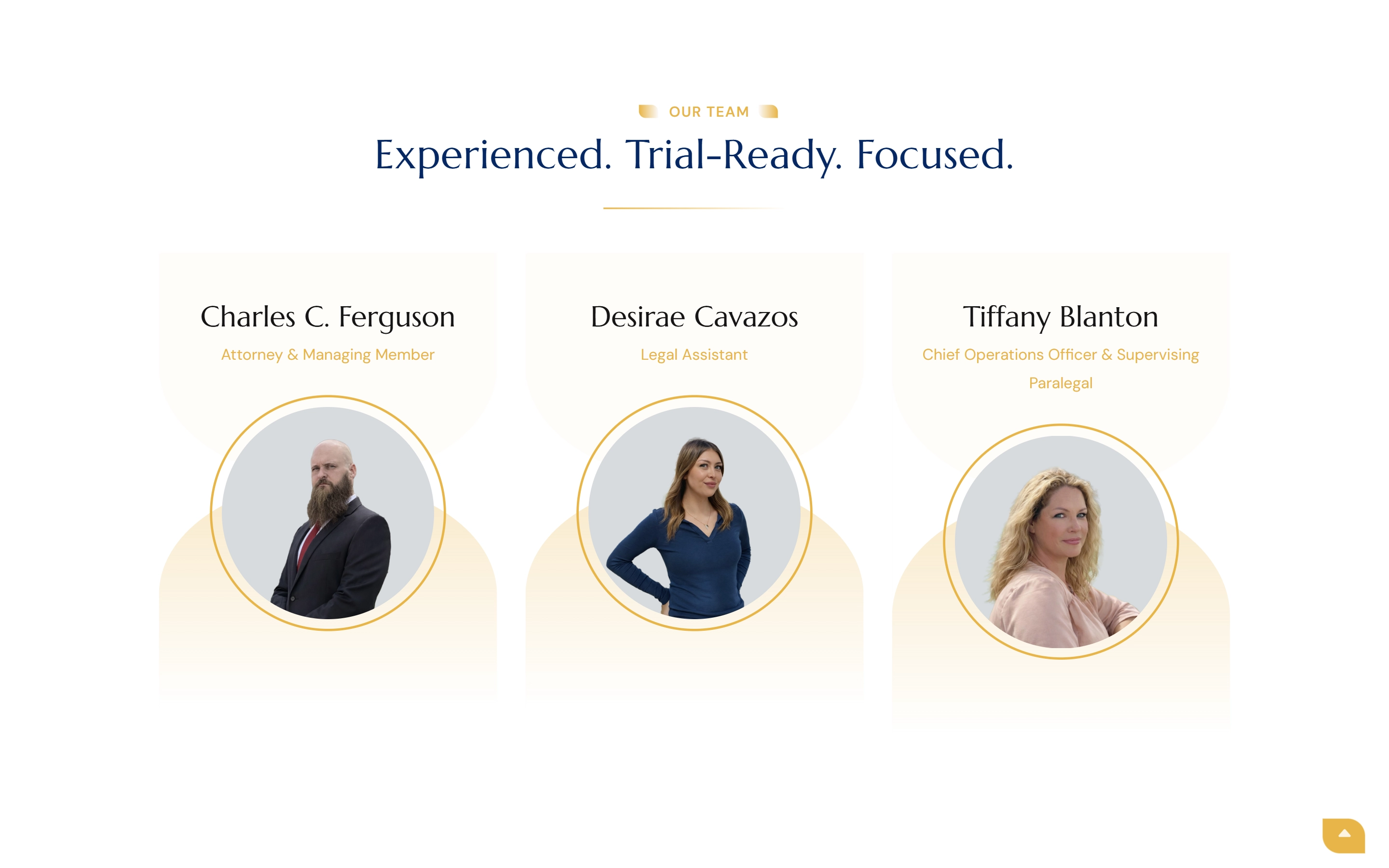 Ferguson Legal team section with three attorney and staff portraits