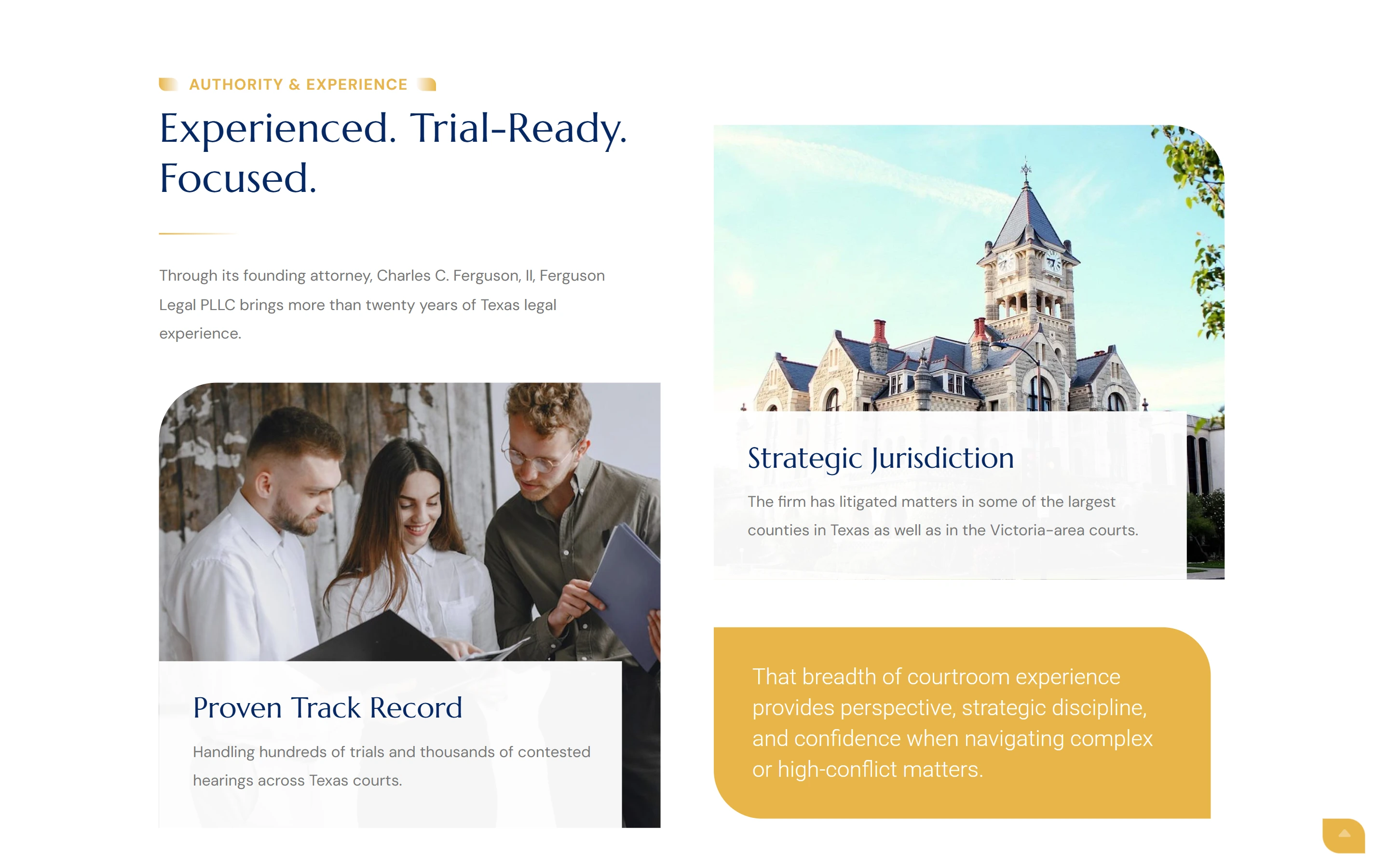 Ferguson Legal homepage section “Experienced. Trial-Ready. Focused.” with a courthouse image and a Proven Track Record card