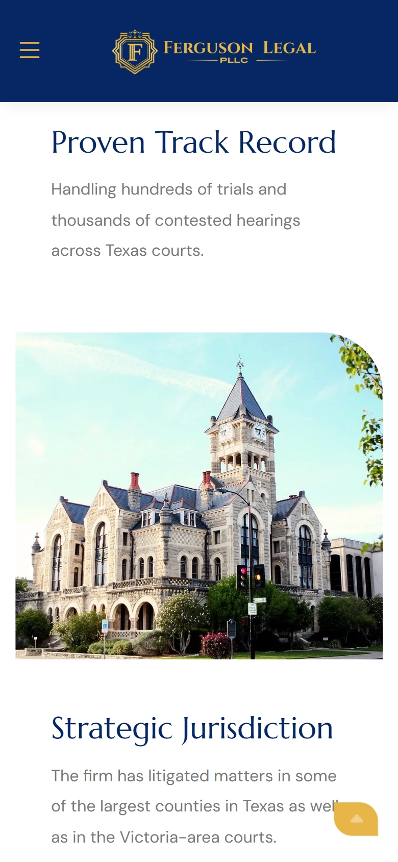 Mobile view of the Ferguson Legal “Proven Track Record” and “Strategic Jurisdiction” sections