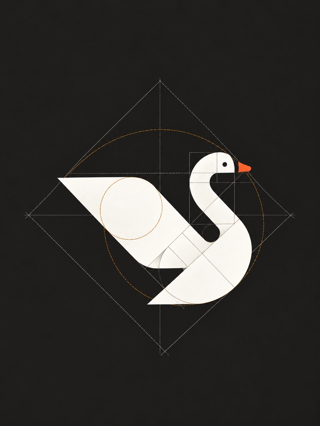 A white swan logo built on construction circles and diagonal grid lines on a dark background