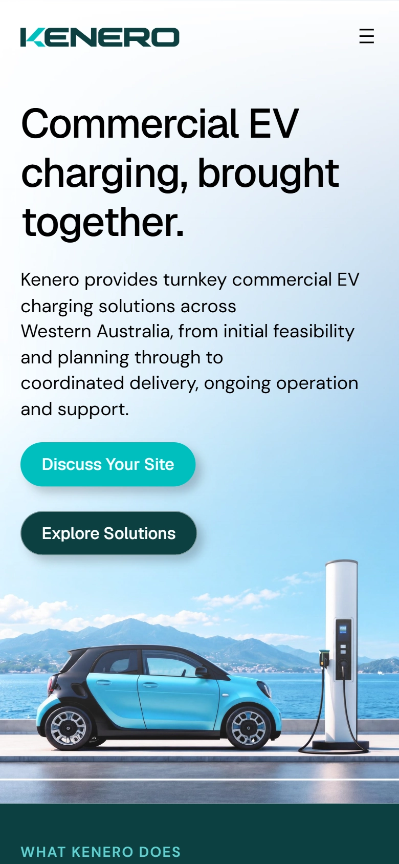 Mobile view of the Kenero homepage with the headline “Commercial EV charging, brought together.”