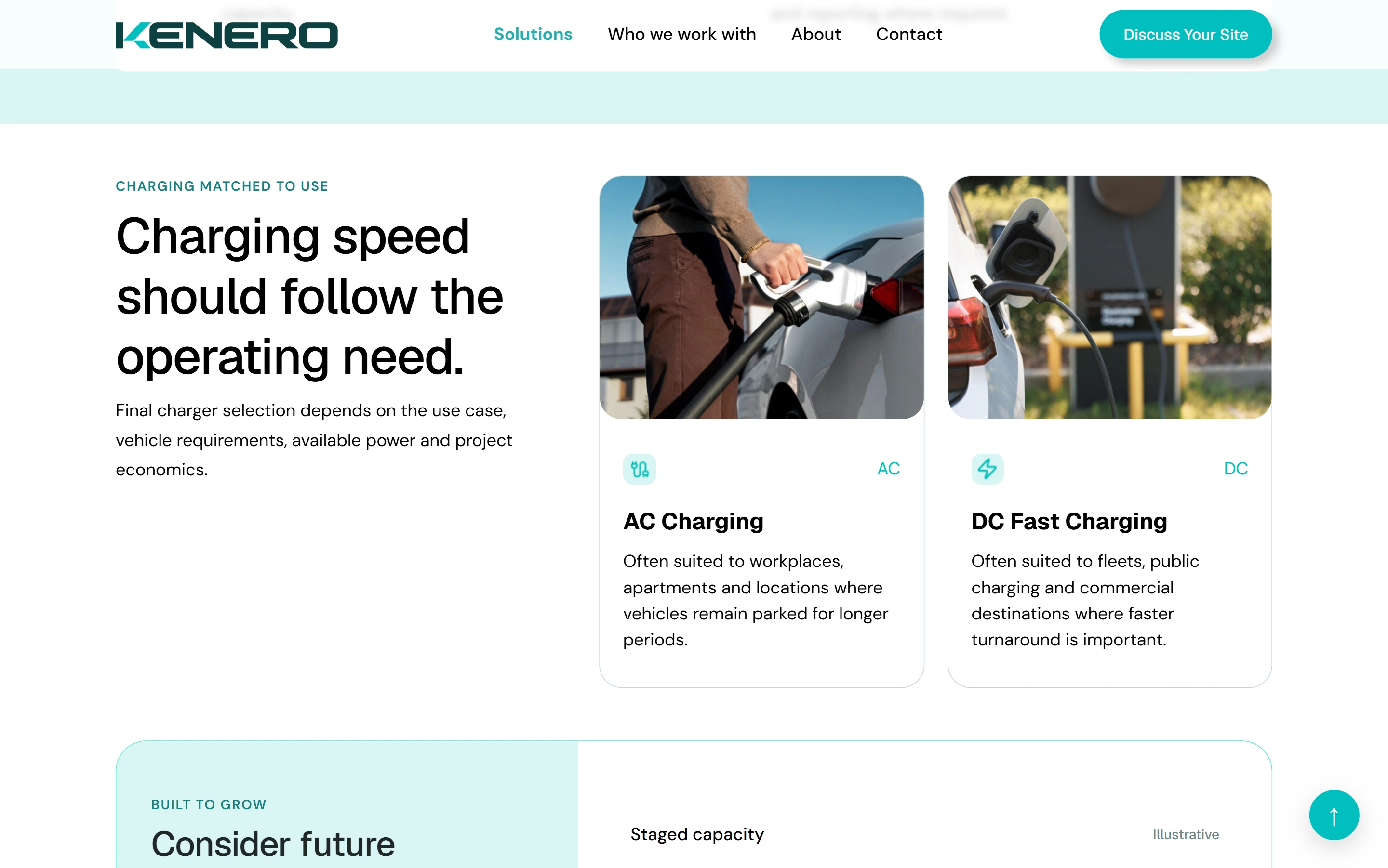 Kenero solutions page comparing AC and DC fast charging under the heading “Charging speed should follow the operating need”