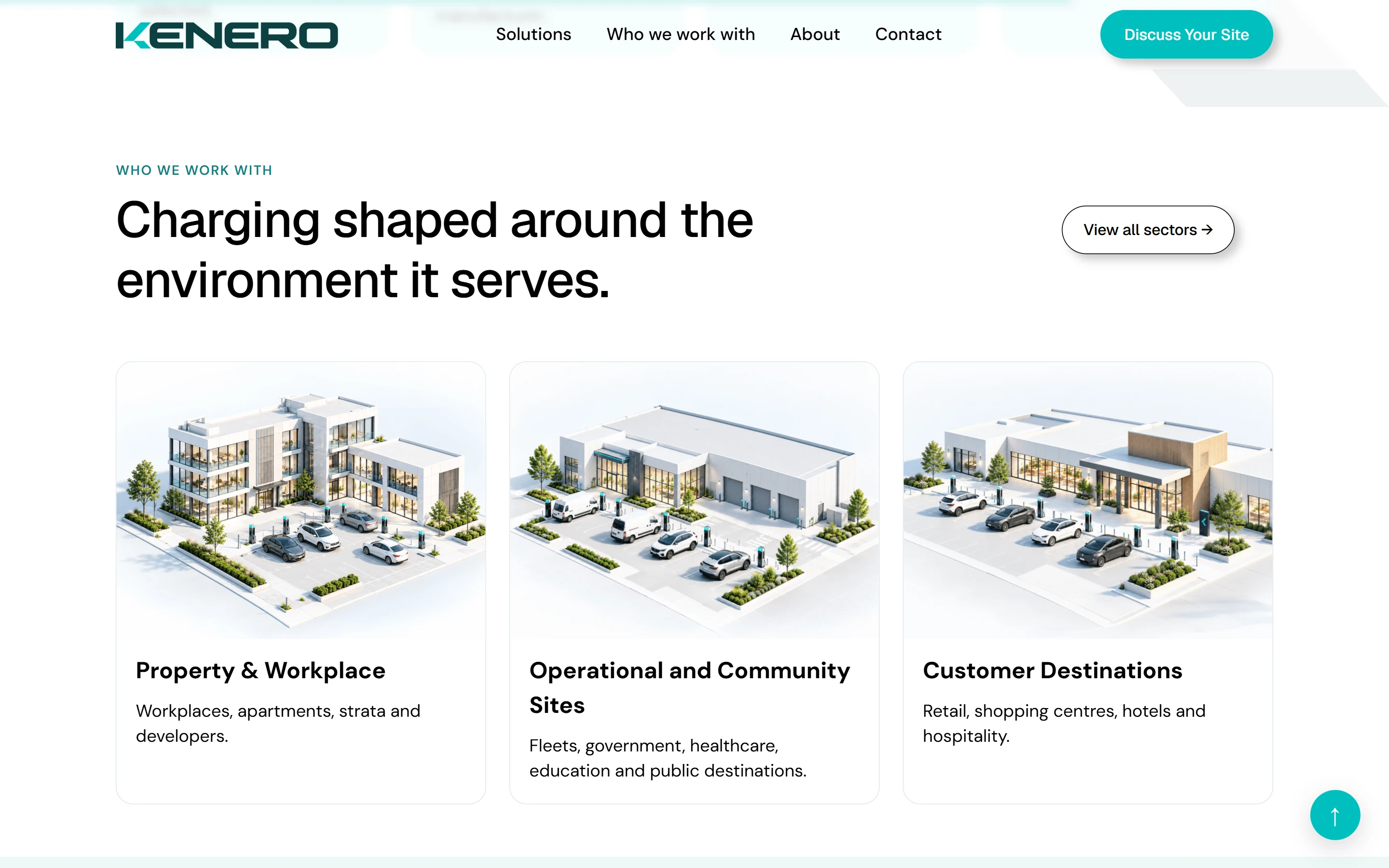 Kenero website section “Charging shaped around the environment it serves” with illustrated property, operational and destination sites
