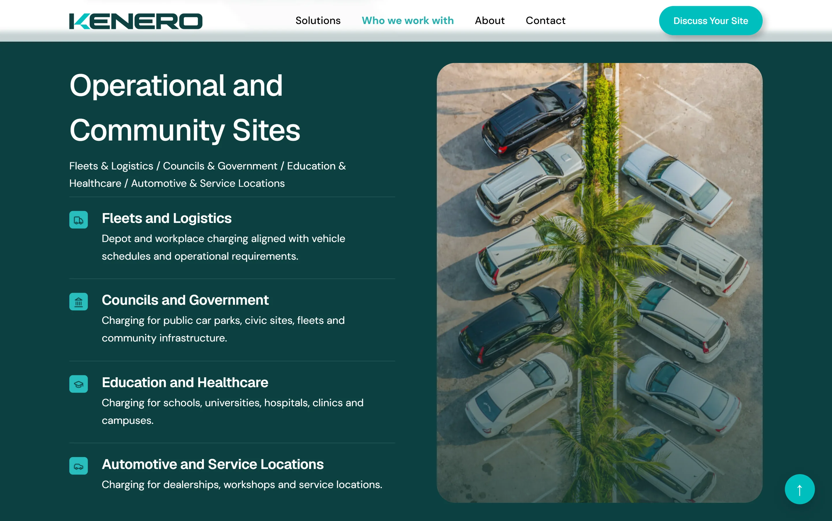 Kenero “Operational and Community Sites” section with a photo of vehicles in a car park
