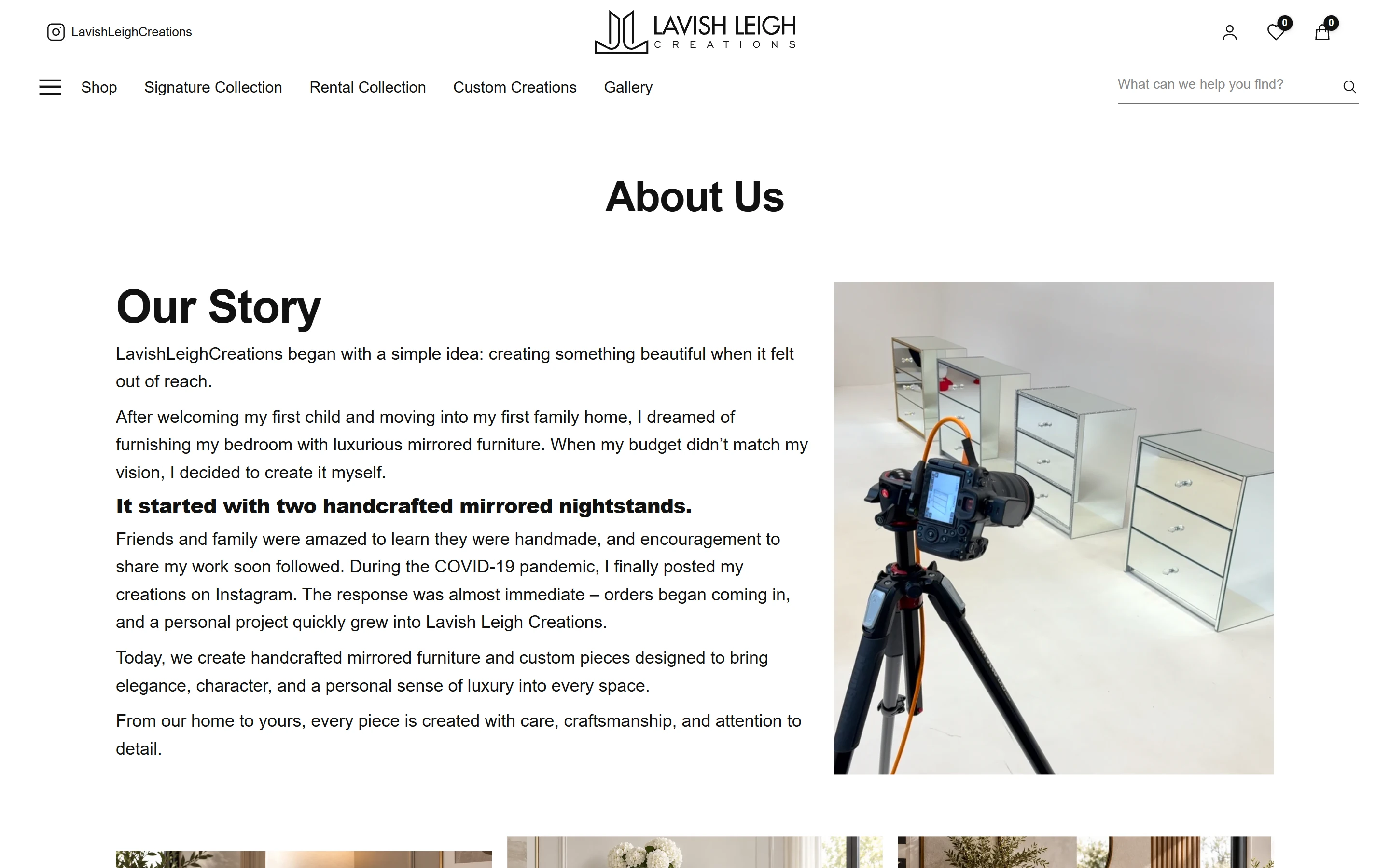Lavish Leigh Creations about page telling the story of the business beside a photo of a camera and mirrored drawers