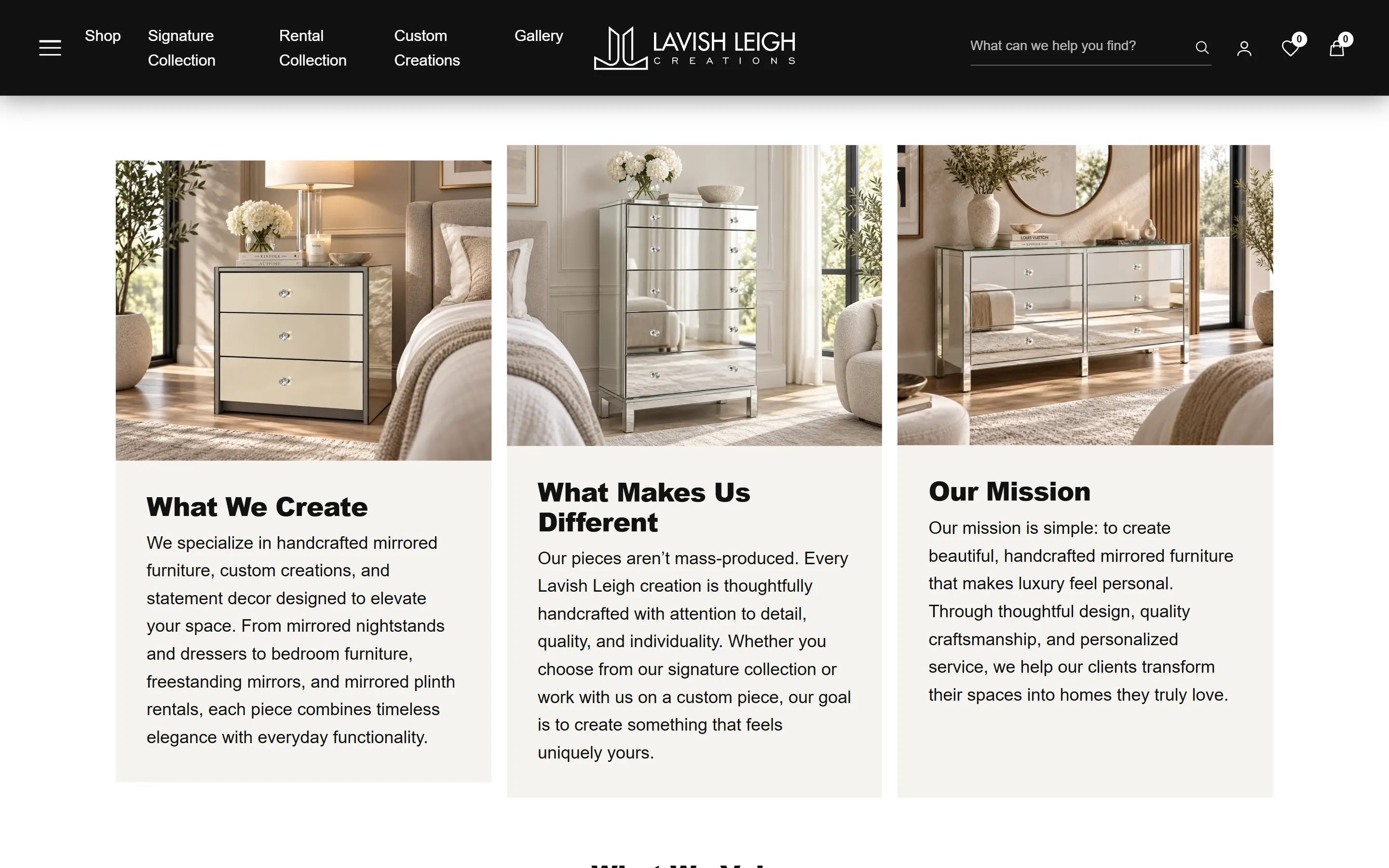 Lavish Leigh Creations about page showing what the studio creates, what makes it different and its mission
