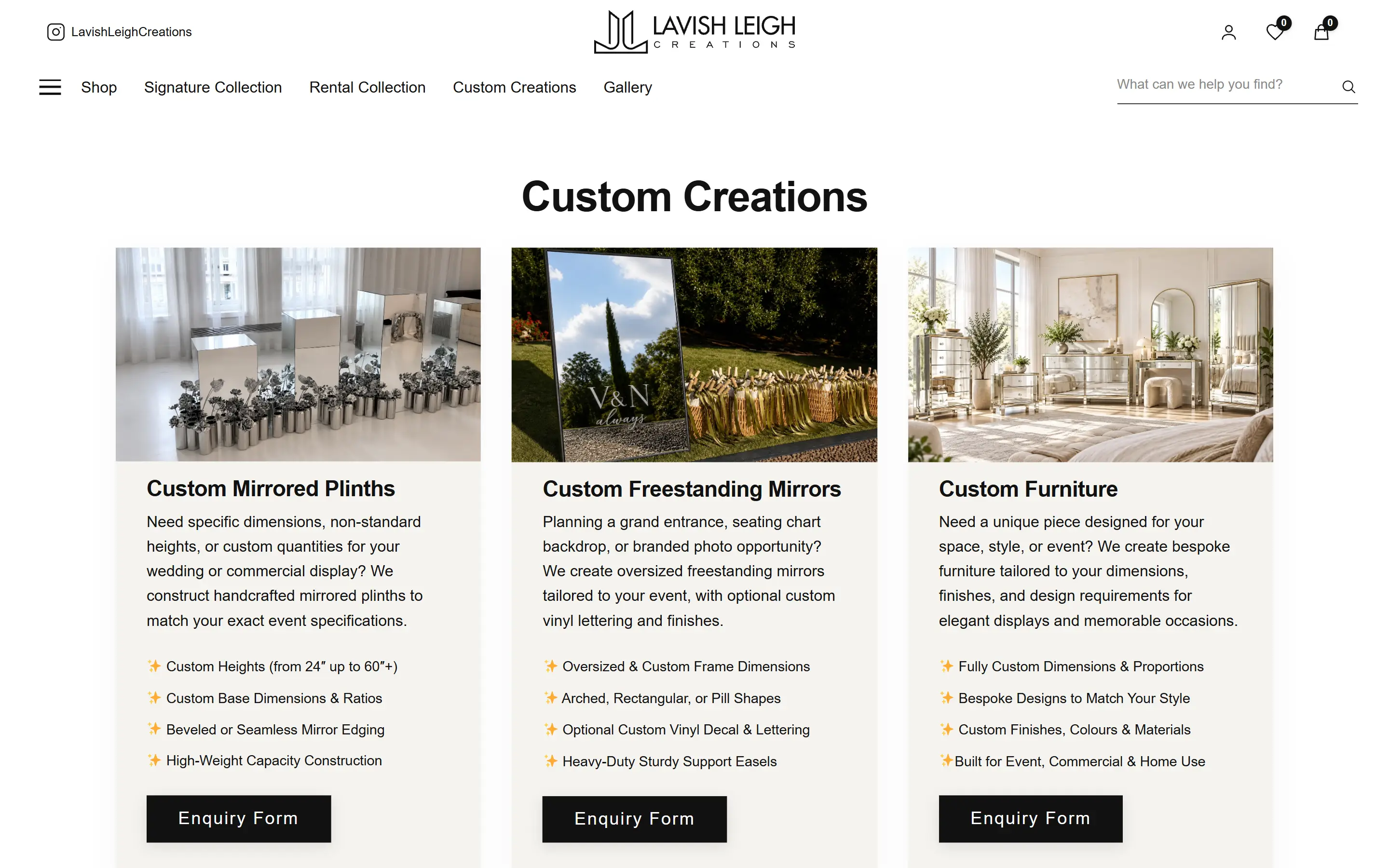 Lavish Leigh Creations custom creations page with mirrored plinths, freestanding mirrors and custom furniture