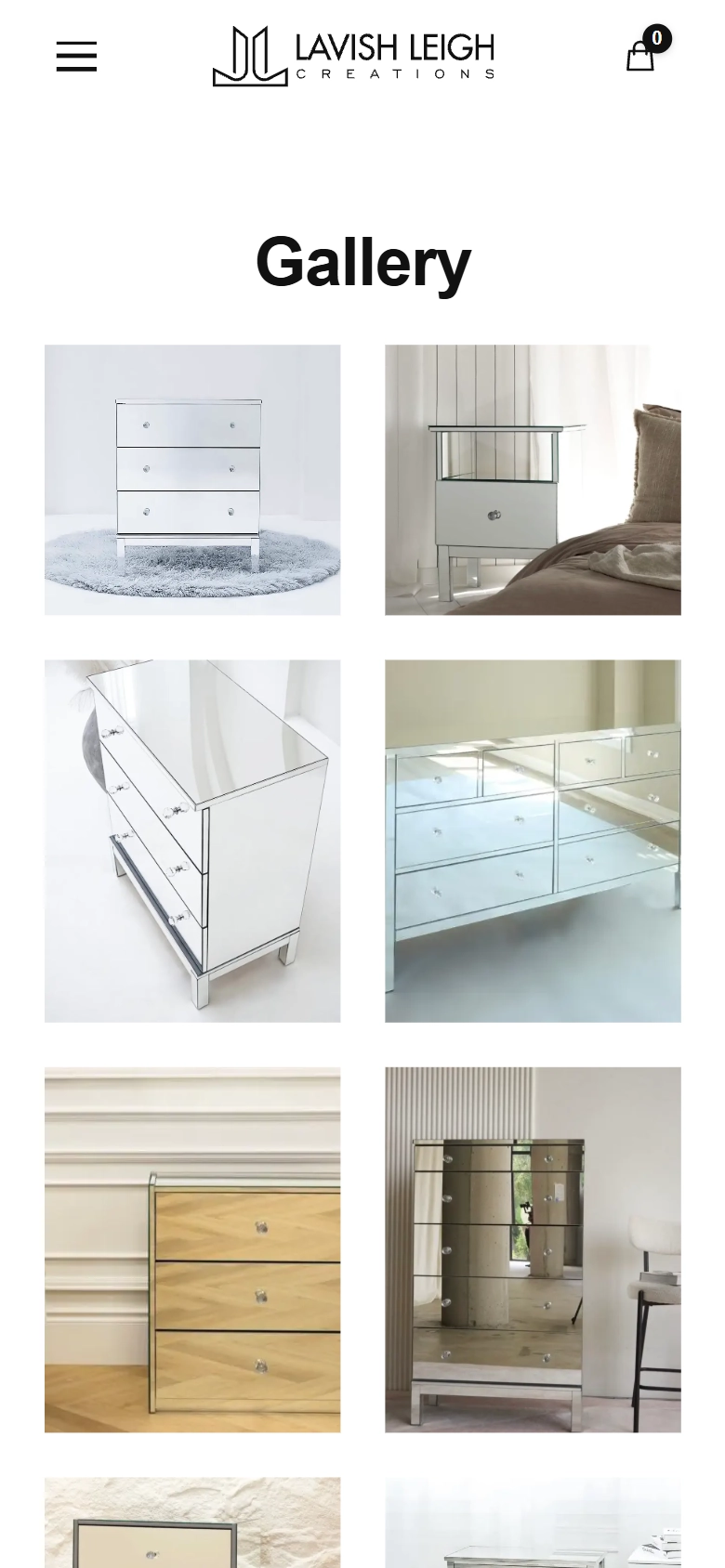 Mobile view of the Lavish Leigh Creations gallery page with a grid of mirrored furniture photos