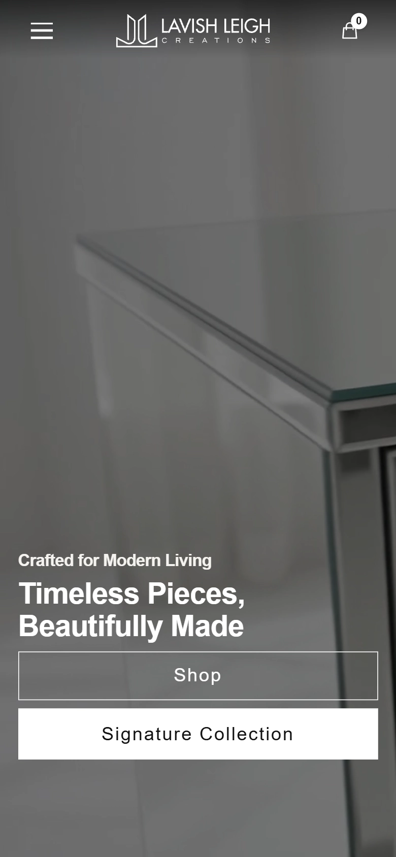 Mobile view of the Lavish Leigh Creations homepage with the headline “Timeless Pieces, Beautifully Made”