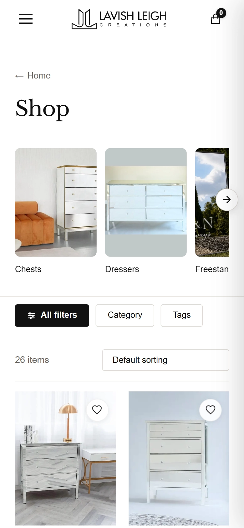 Mobile view of the Lavish Leigh Creations shop page with product categories and filters