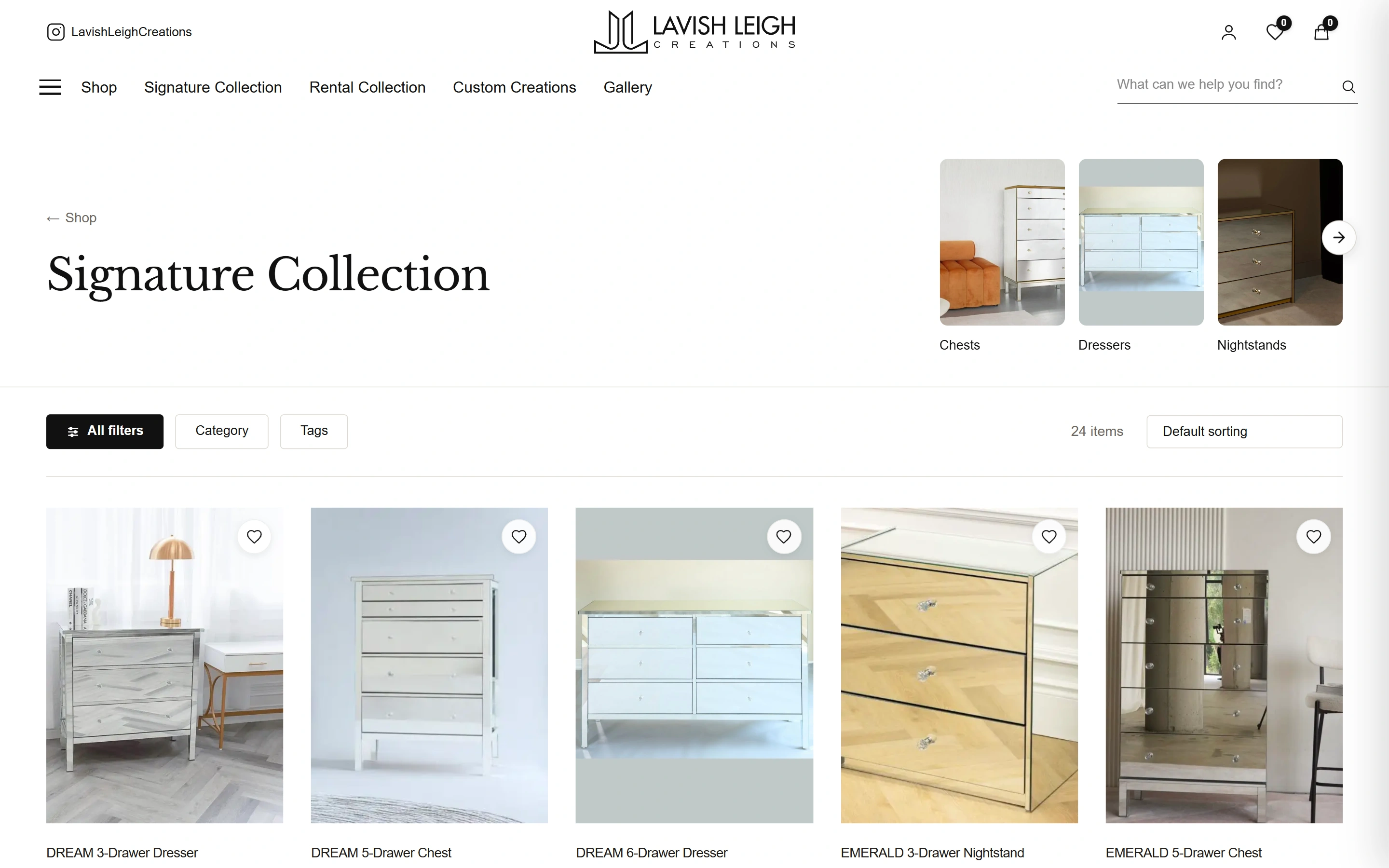 Lavish Leigh Creations Signature Collection shop page with a grid of mirrored dressers and chests