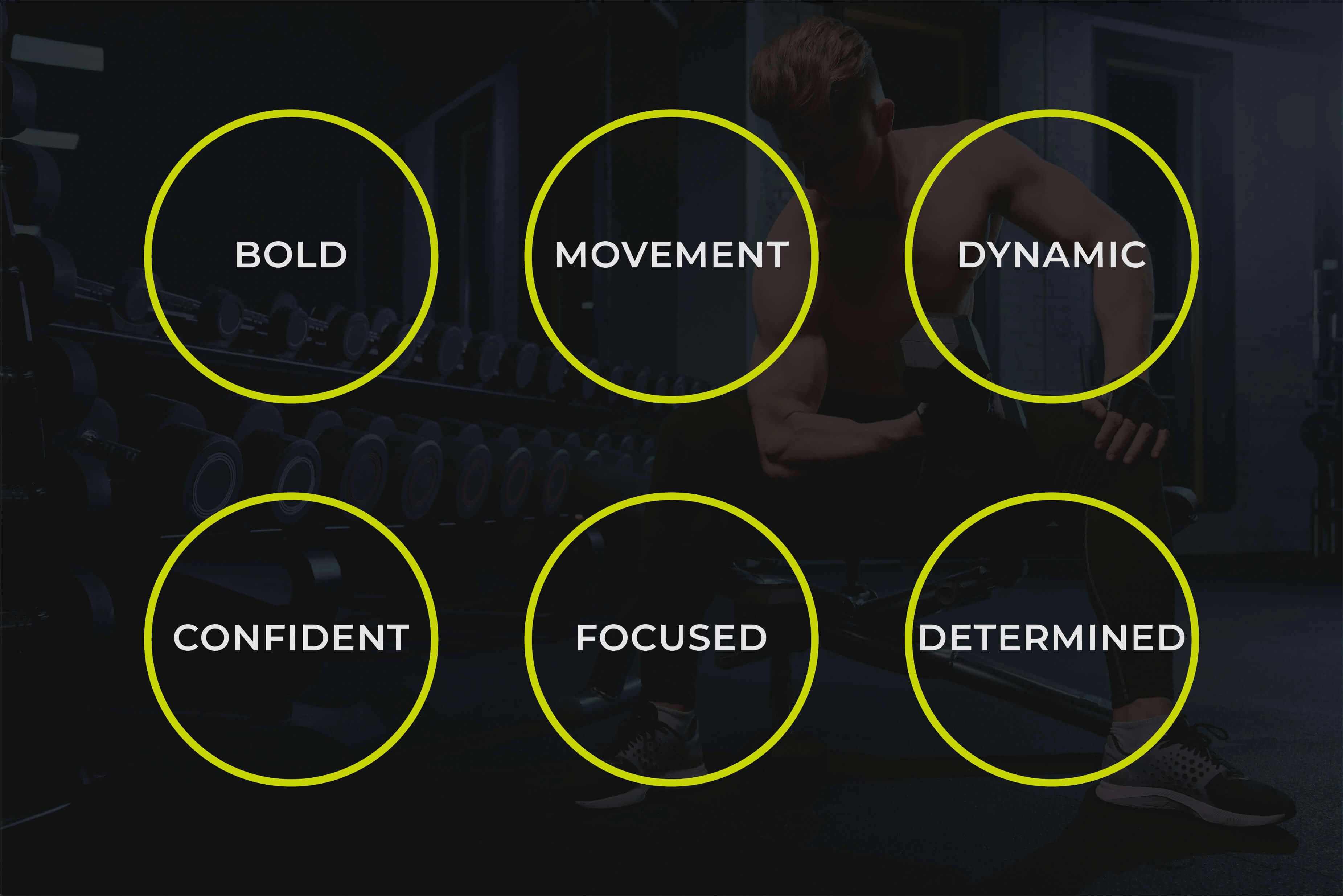 Monumental brand values in circles: bold, movement, dynamic, confident, focused, determined