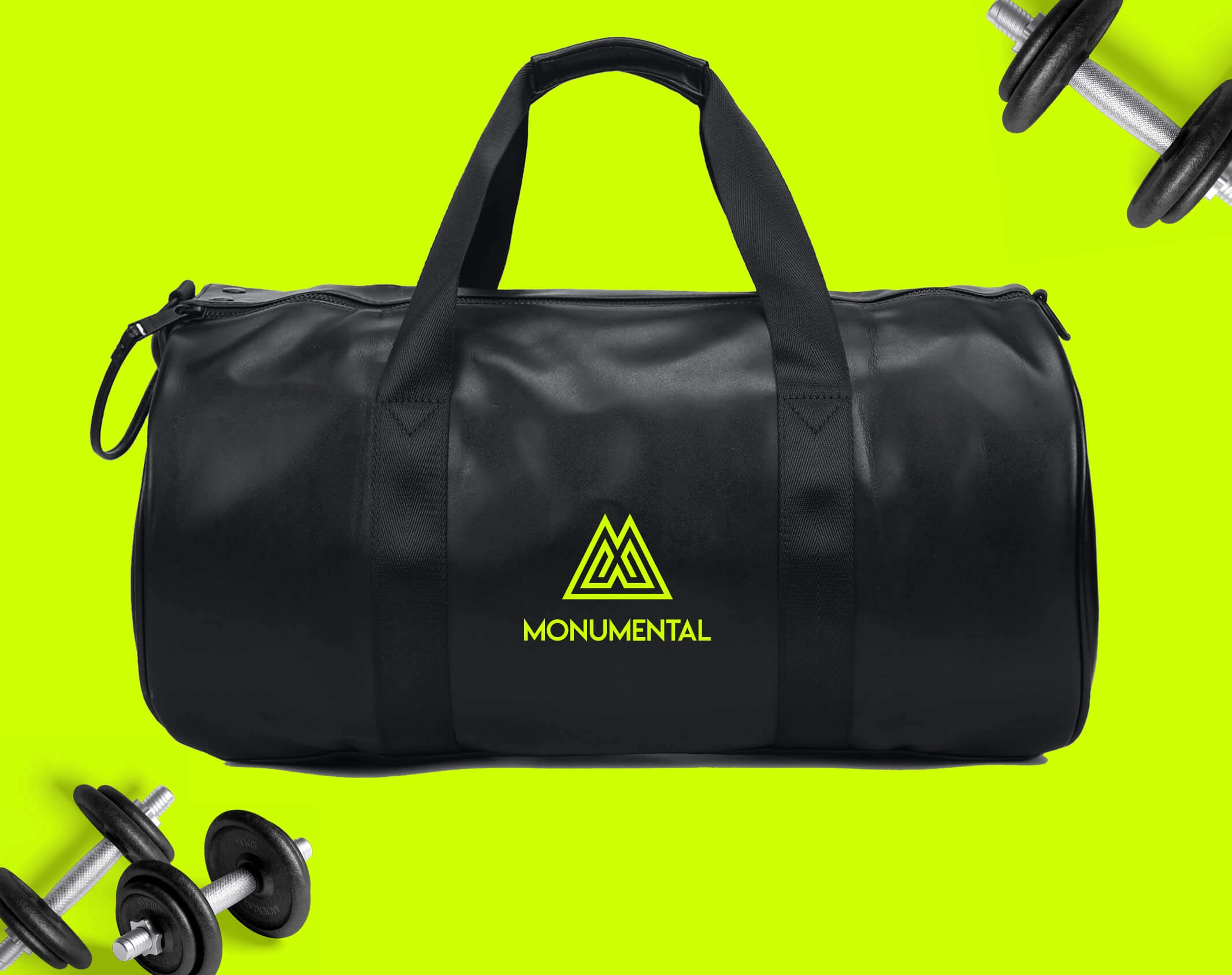 Monumental black gym duffel bag with a lime logo on a lime background with dumbbells