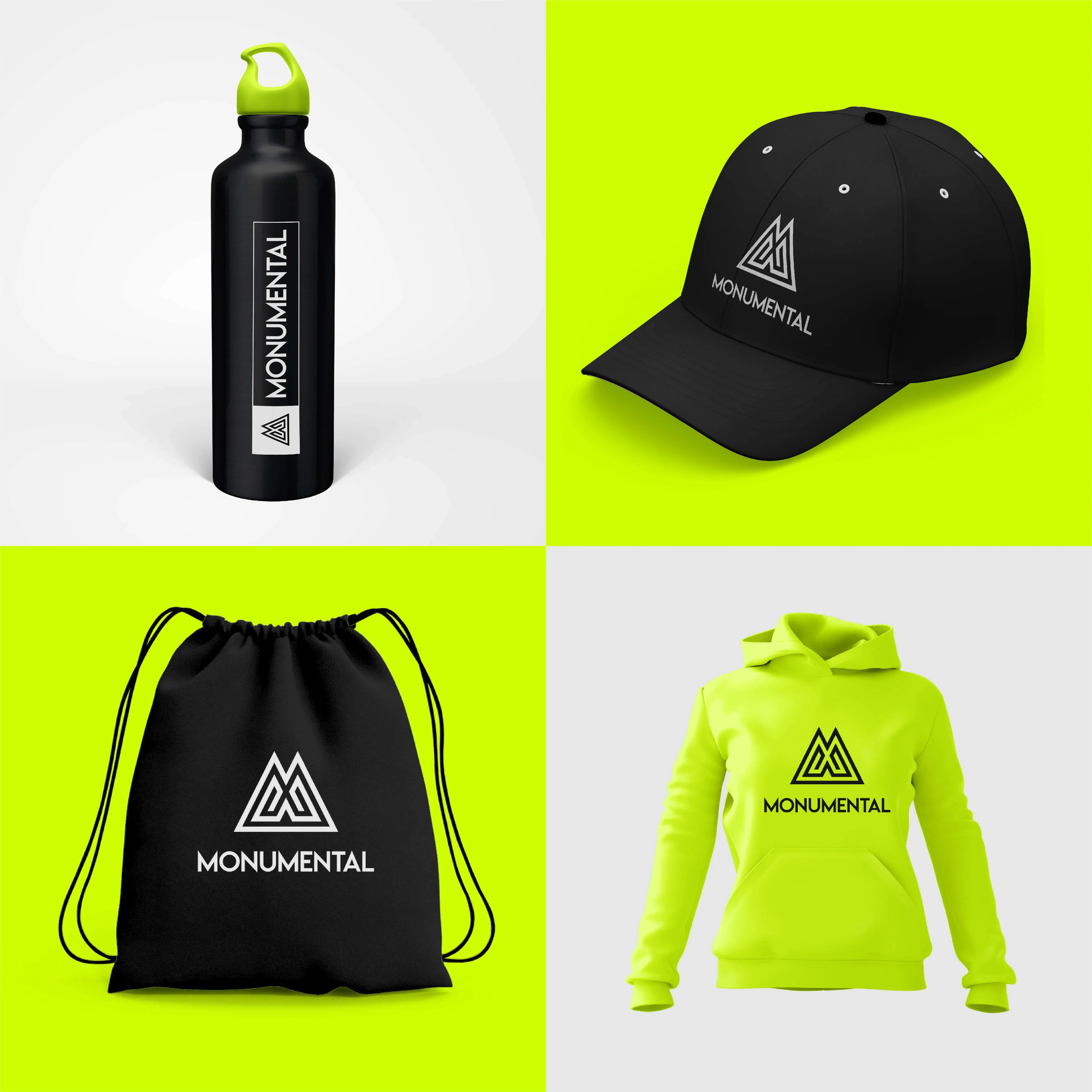 Monumental merchandise: water bottle, cap, drawstring bag and lime hoodie