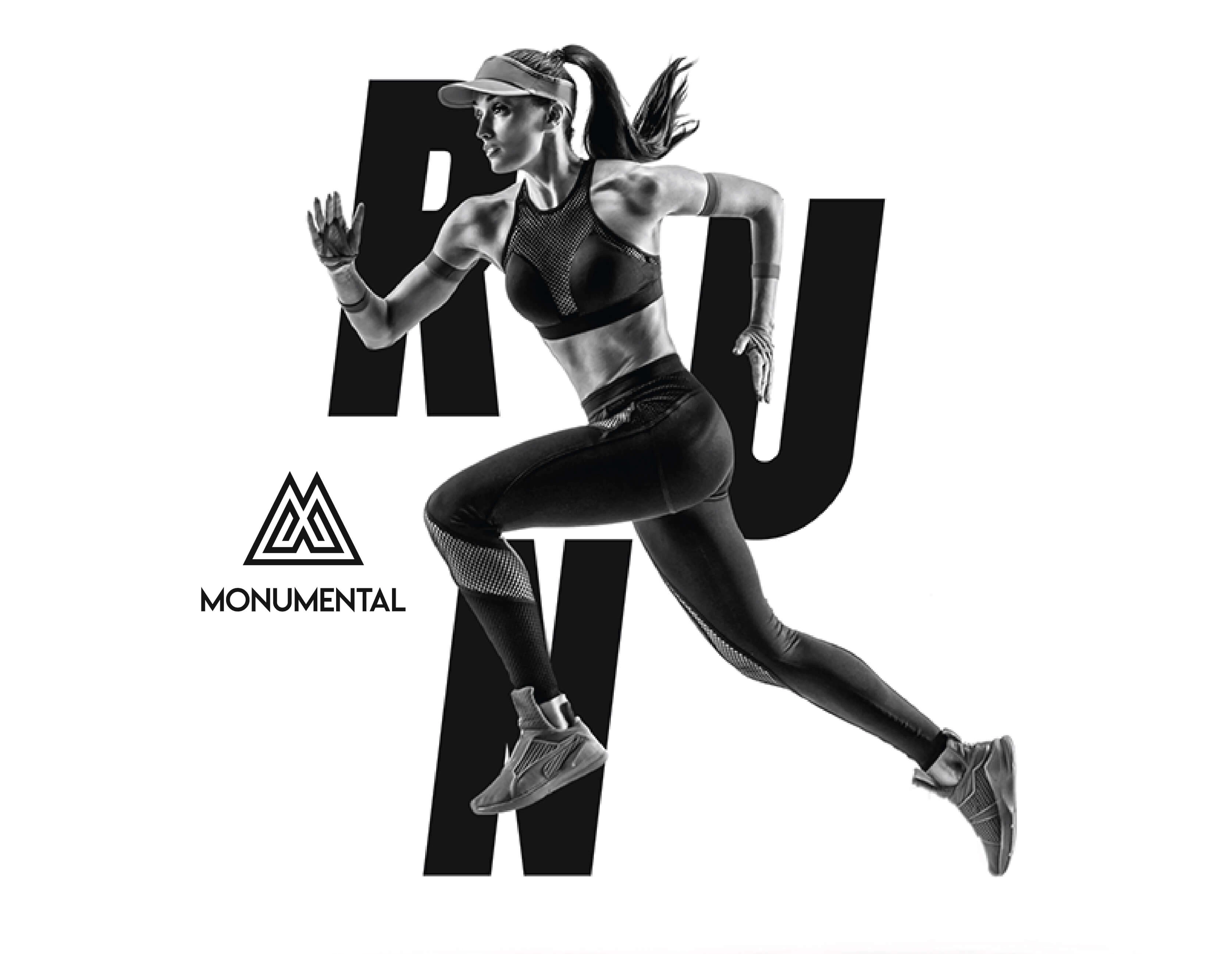 Monumental poster with a sprinting woman and large RUN lettering