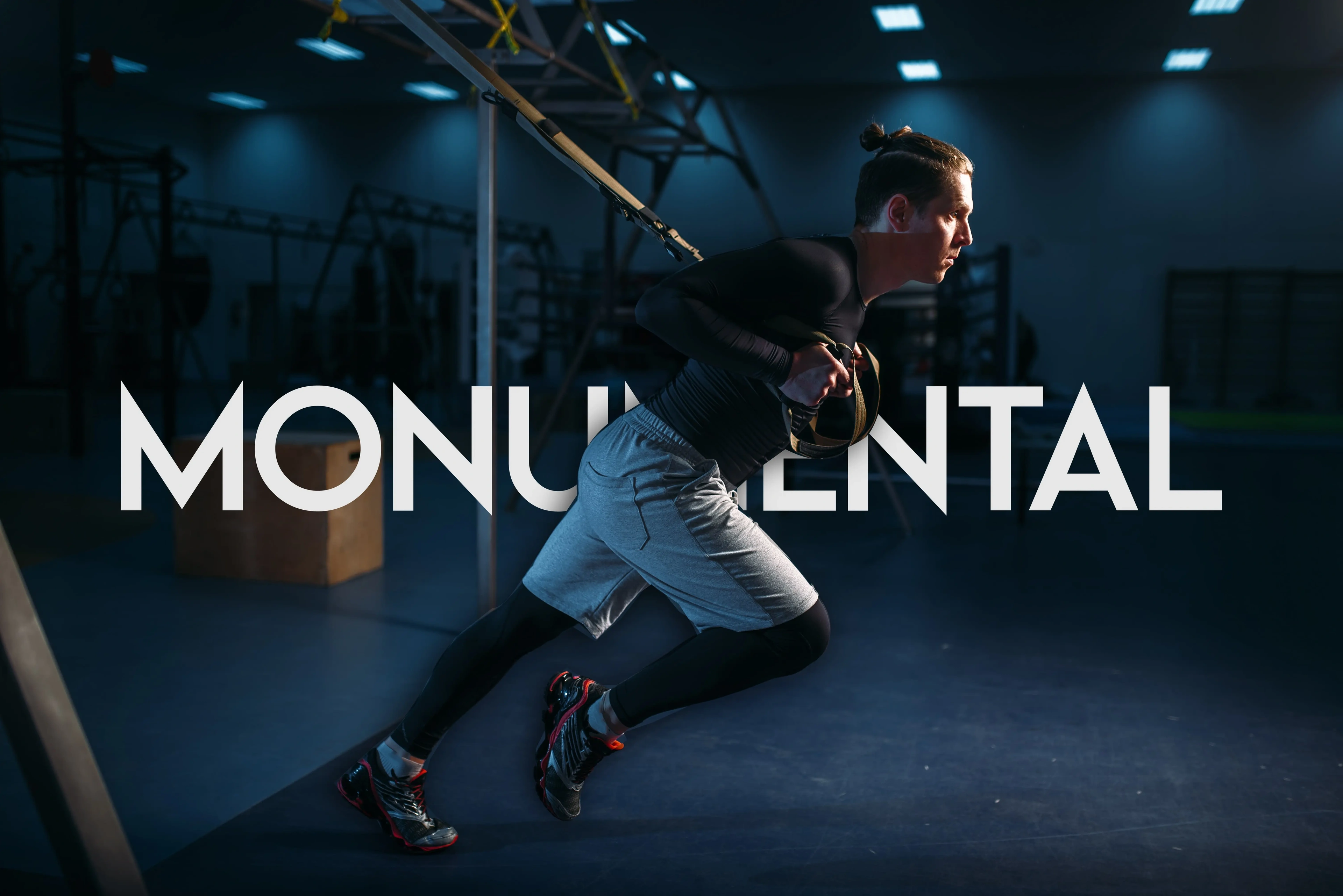 Monumental wordmark over a photo of an athlete training in a gym