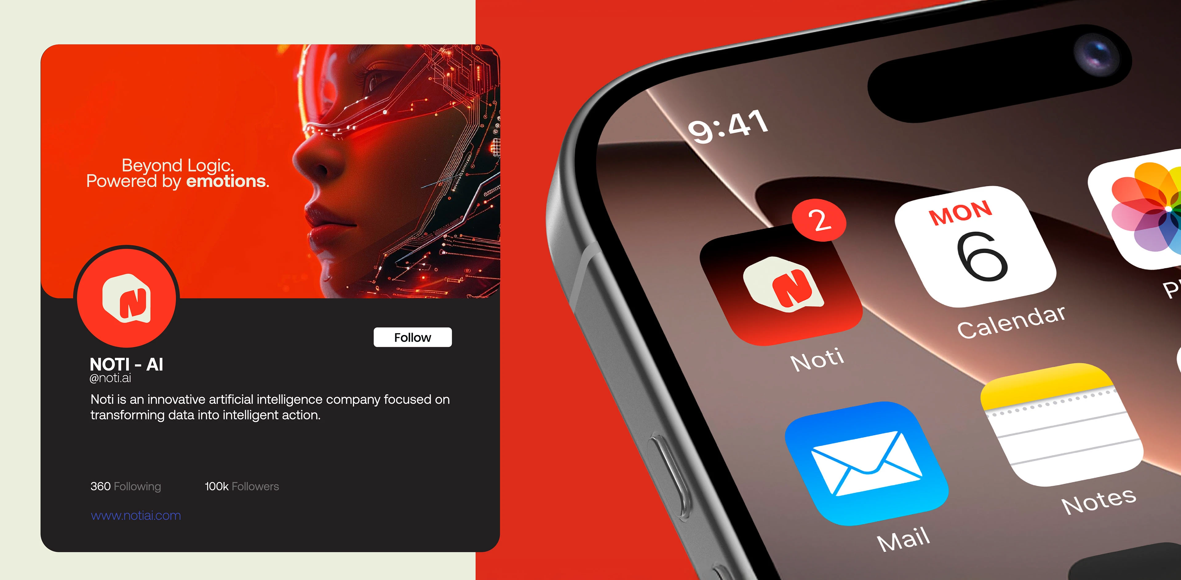 Noti AI social profile and app icon on a smartphone screen