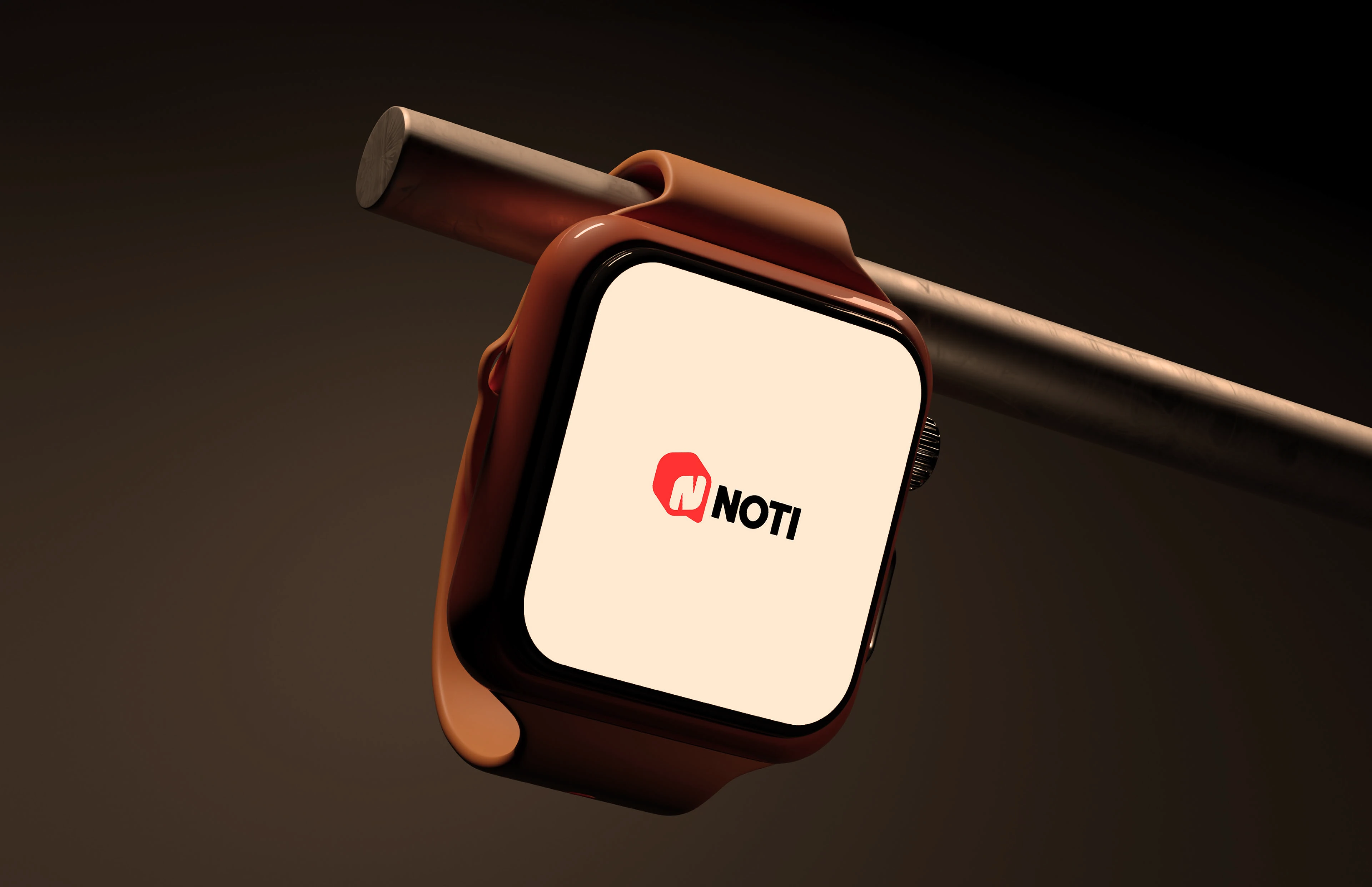 Noti app icon on a smartwatch resting on a bar