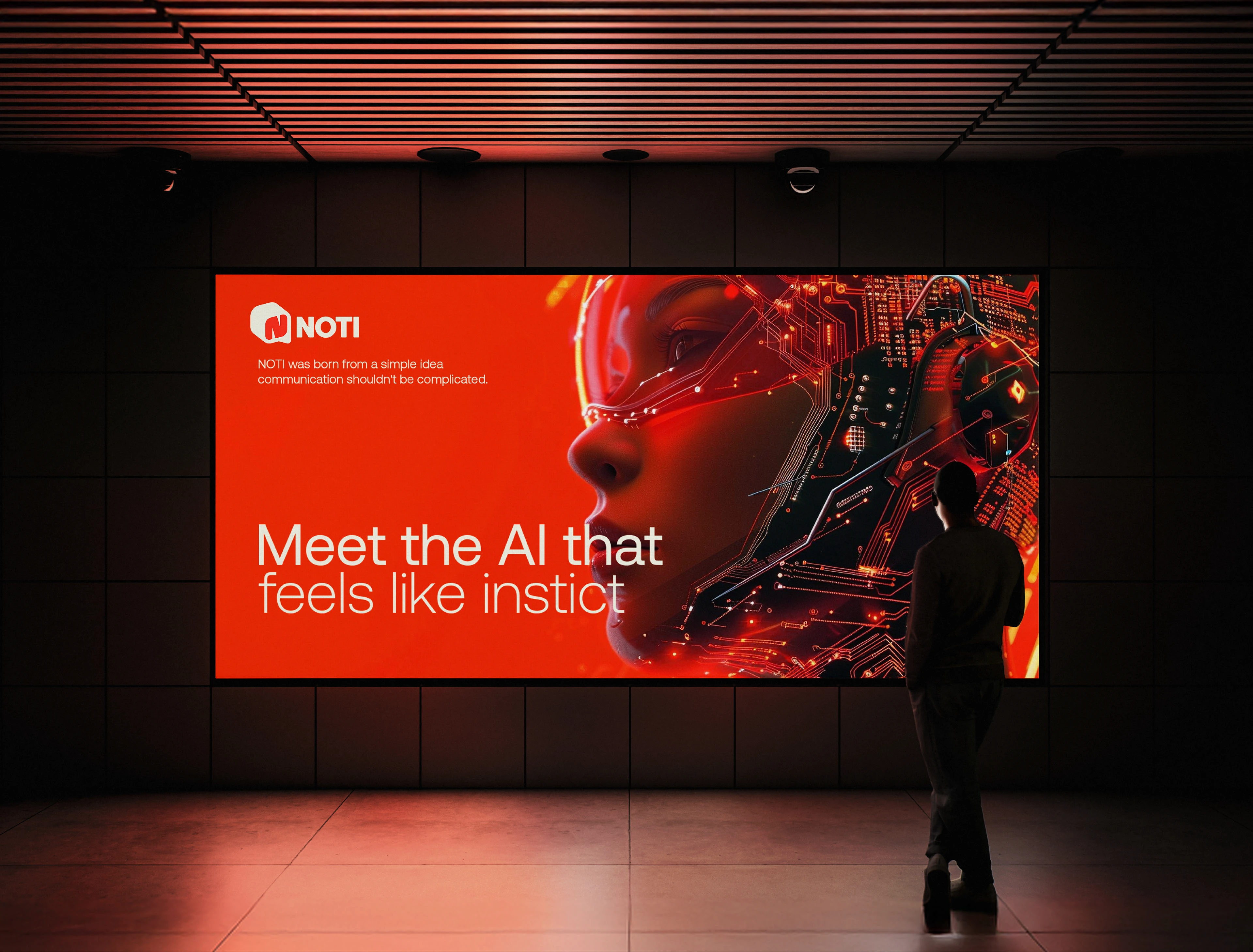 Noti billboard reading “Meet the AI that feels like instinct” in a dark hall