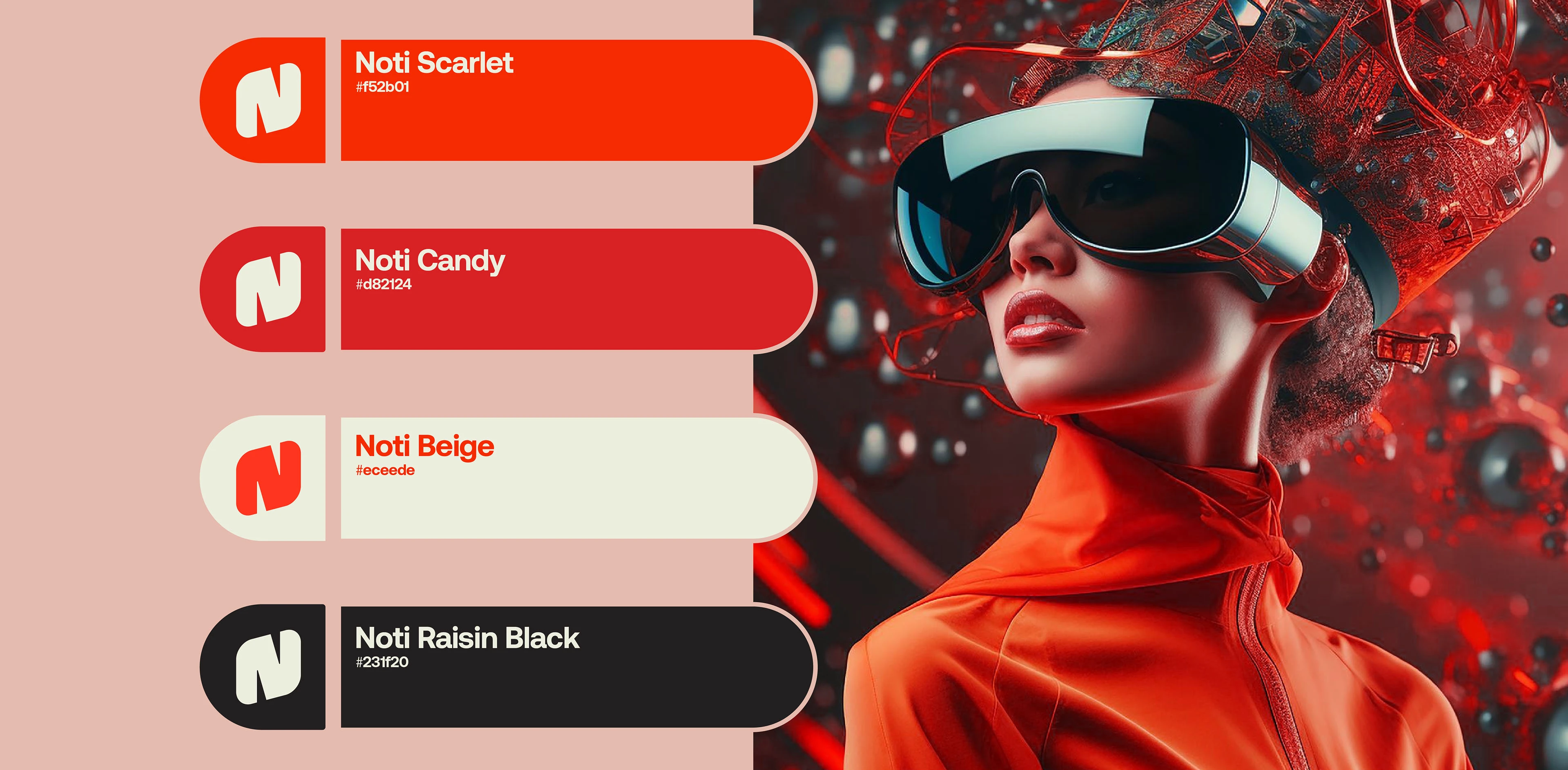 Noti colour palette of scarlet, candy, beige and raisin black beside a woman in a VR headset
