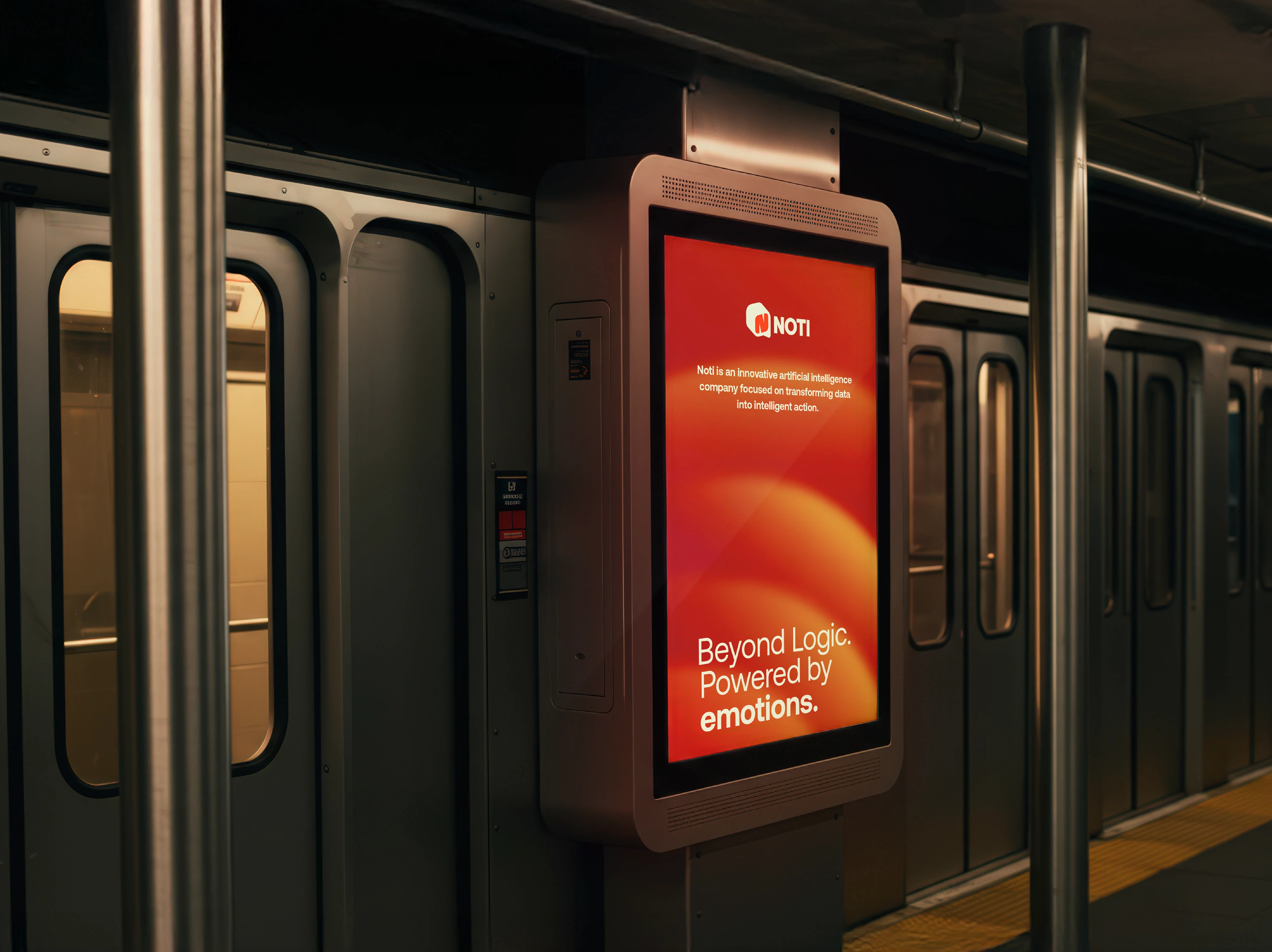 Noti poster in a subway carriage reading “Beyond Logic. Powered by emotions.”