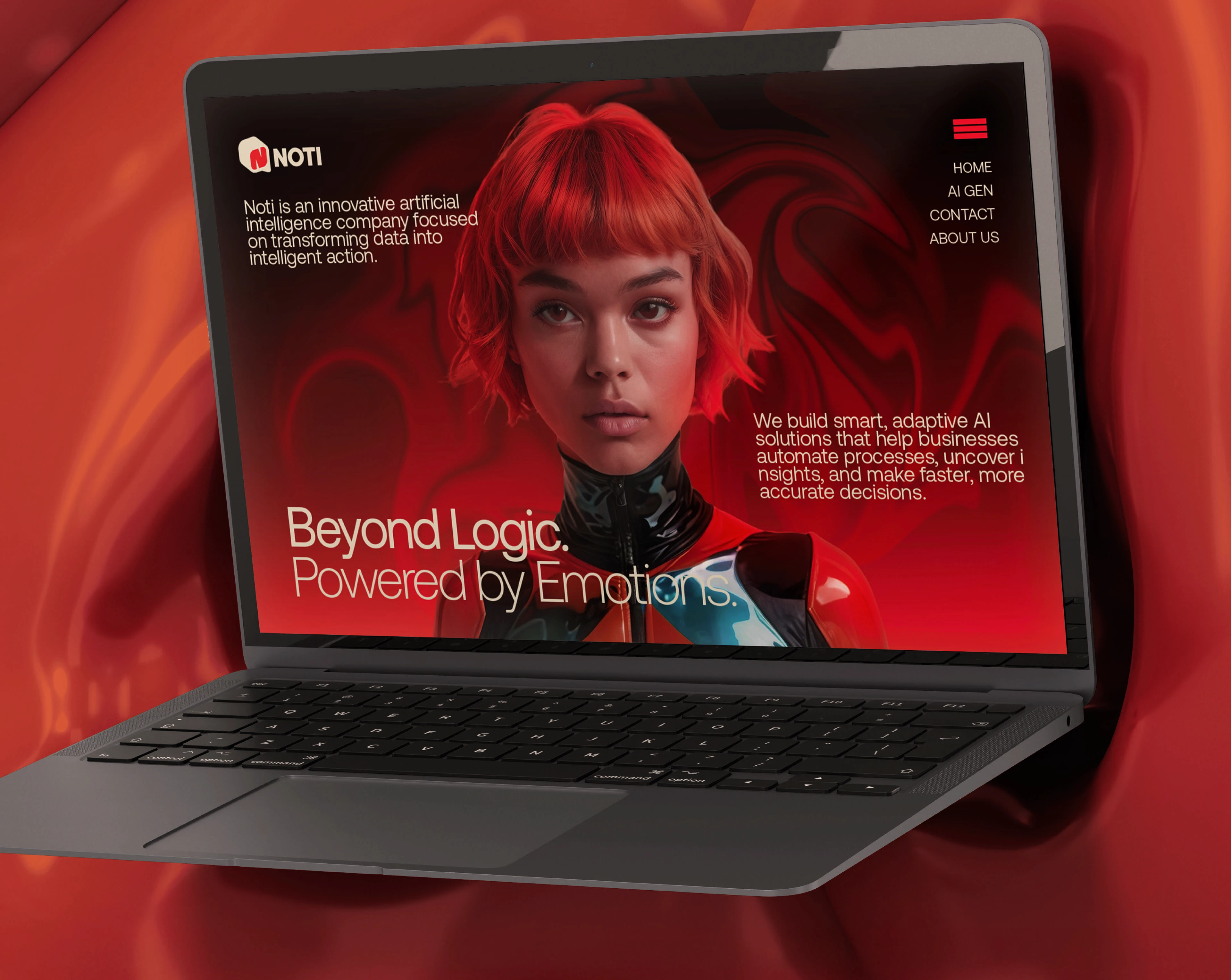 Noti website on a laptop showing a red-haired woman and the headline “Beyond Logic. Powered by Emotions.”