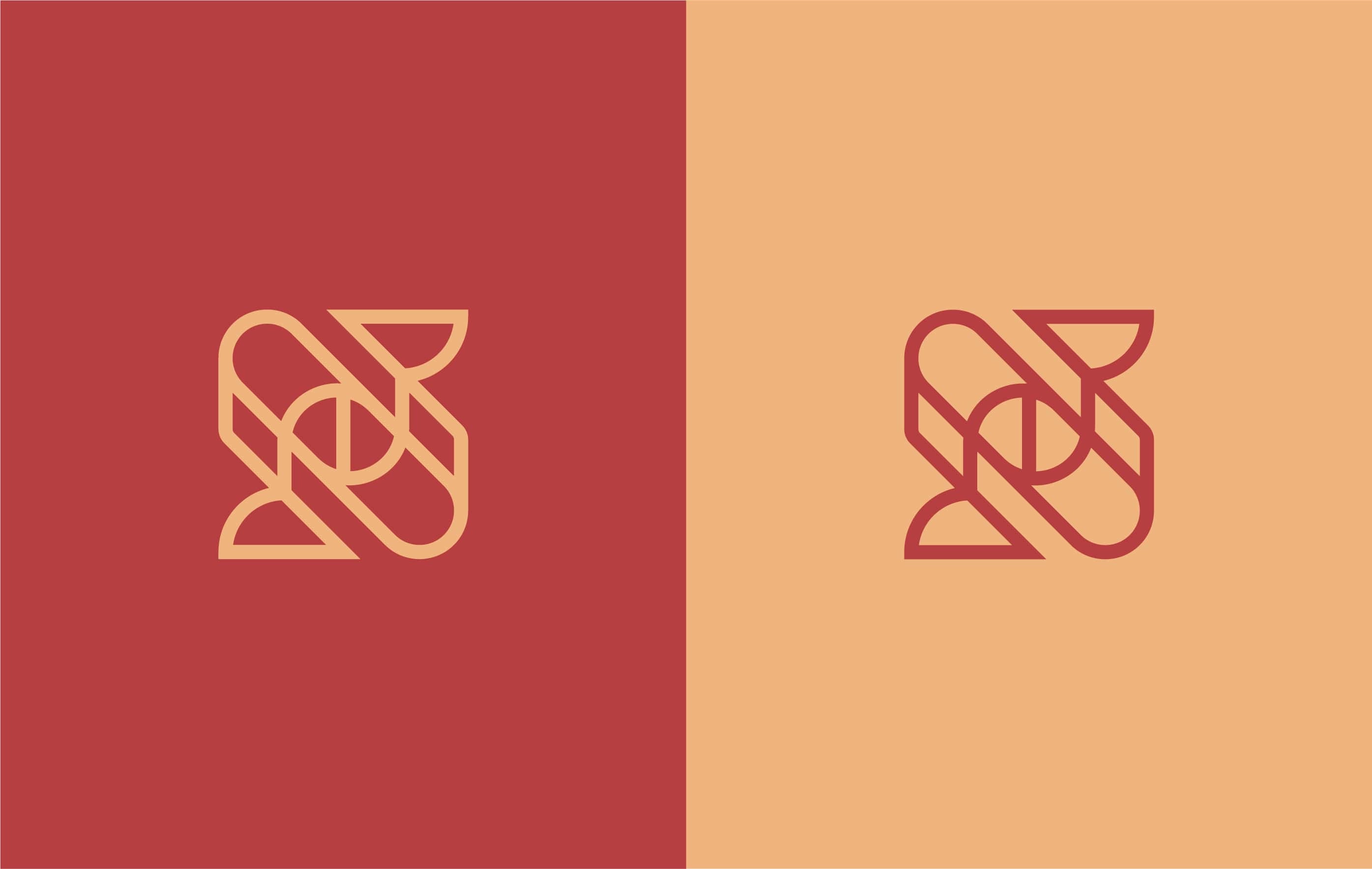 Nyvar logo mark in gold on red and in red on gold