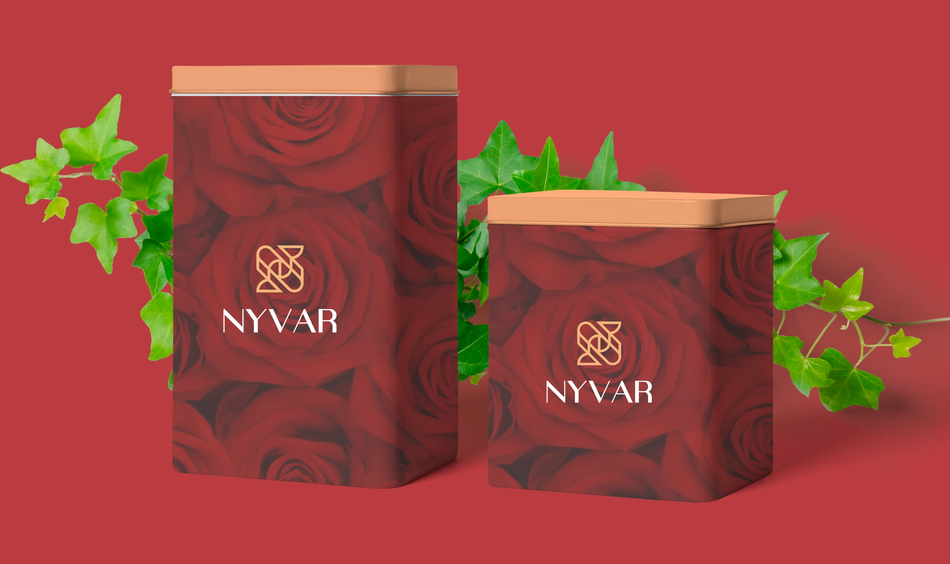 Nyvar rose-print gift boxes beside green ivy on a red background